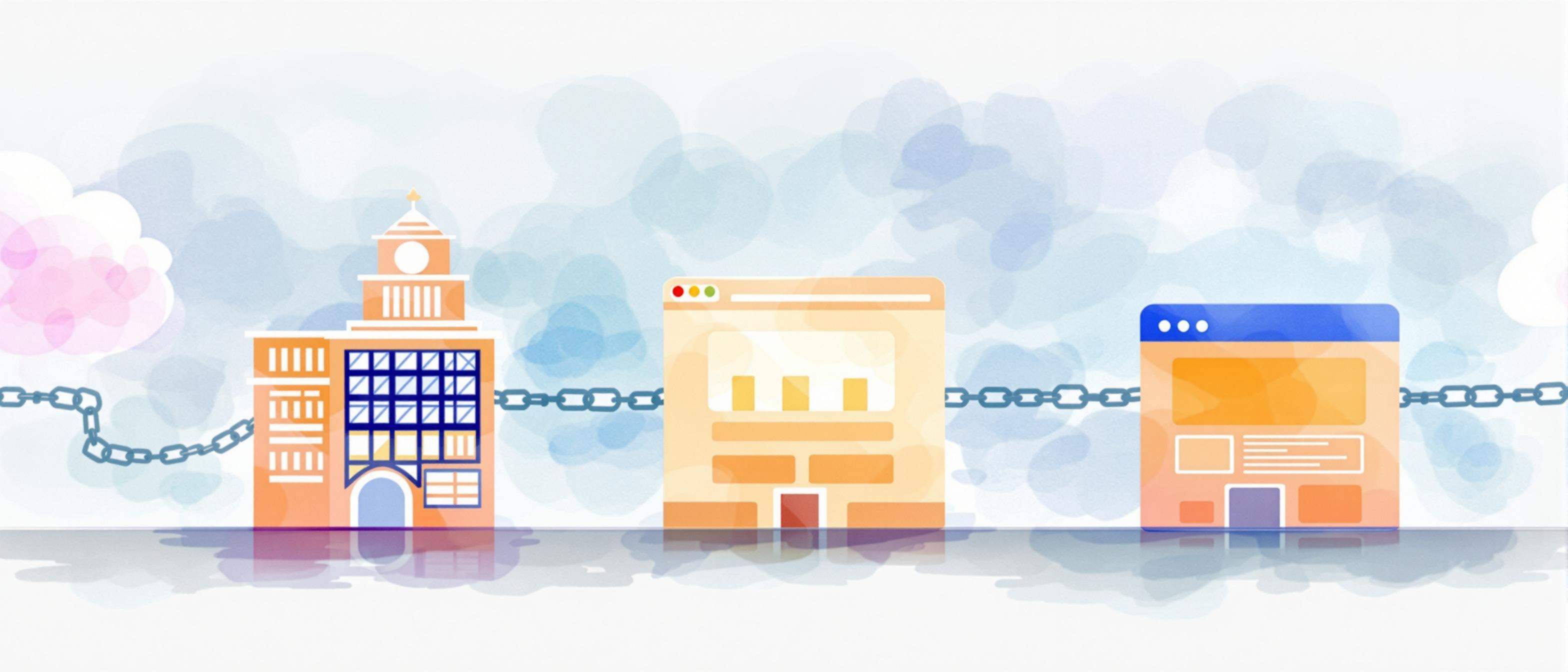 {structure}Informative tone.Prompt: Watercolor illustration of three different website types in a row: a reputable organization, an industry blog, and a social media site, each symbolized by distinctive yet abstract buildings or icons, with natural chain links connecting them to a central, highlighted website. Background featuring soft hues, symbolizing the diversity of backlink sources and the importance of quality connections for SEO.
