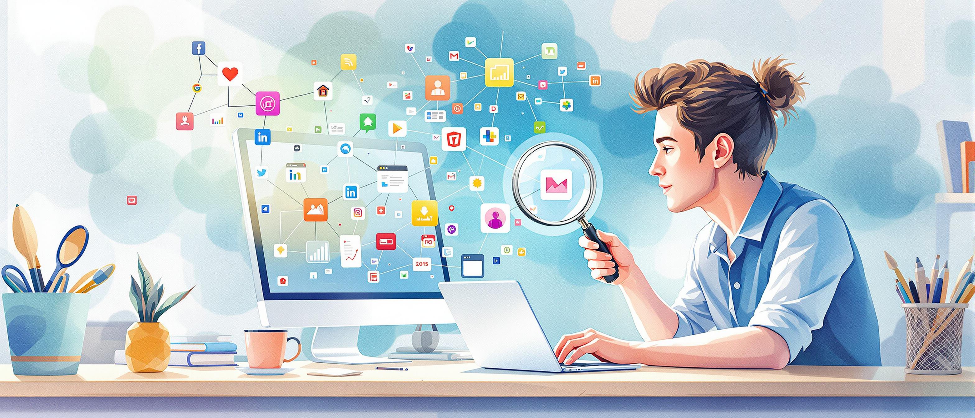 {structure}Informative tone.Prompt: Watercolor illustration of a thoughtful marketer analyzing a branching network of web connections and colorful site icons through a magnifying glass, set at a clean desk with subtle digital data overlays. Light, motivational mood to highlight backlink analysis for strategic SEO growth.