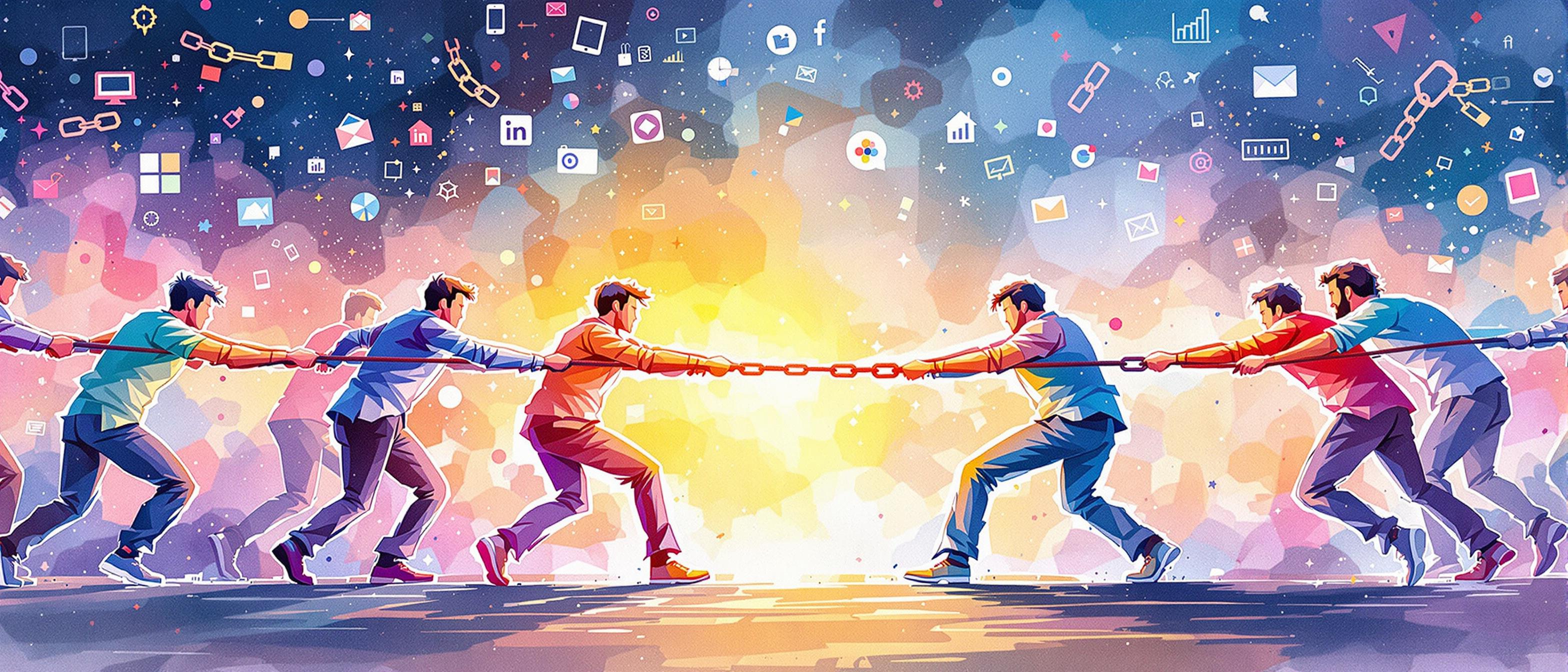{structure}Informative tone.Prompt: Watercolor illustration showing a tug-of-war scene between two groups on opposite sides, representing 'link quality' vs 'link quantity' in SEO, with vibrant web elements, chain links, and faint abstract background of internet icons. Emphasizes the concept of strategic balance for search engine ranking.