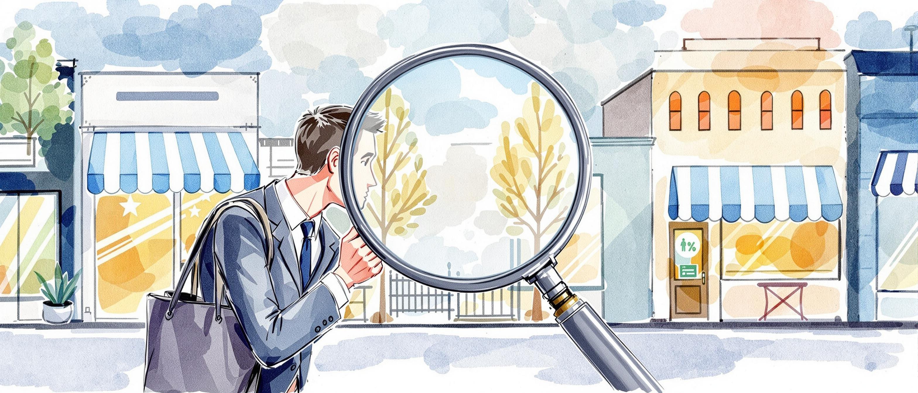 Watercolor scene of a business professional closely observing competitors through a magnifying glass, with competing storefronts or digital screens in the background, symbolizing thorough competitor analysis for market insights. A calm, analytical mood.