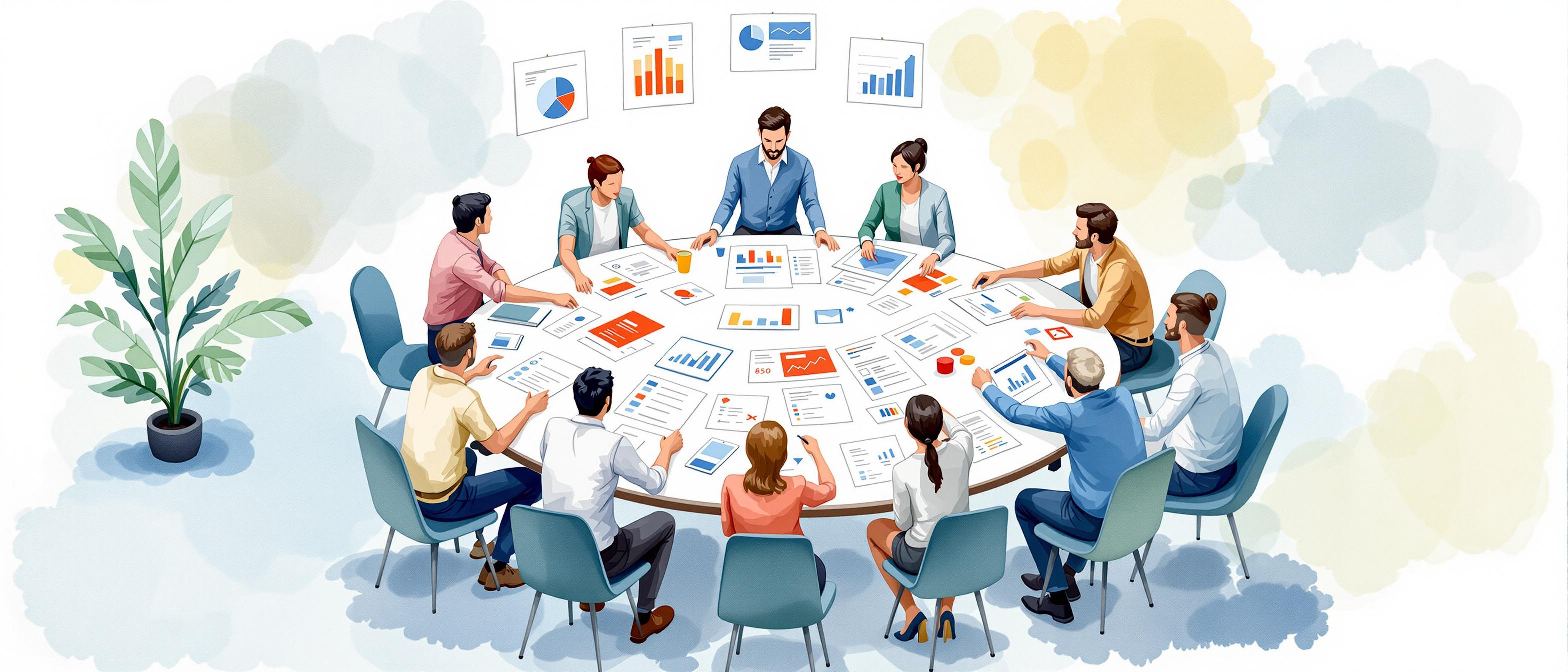 Watercolor illustration of a creative teamwork session, with people from diverse backgrounds collaborating around a large circular table, surrounded by market data charts and customer feedback forms, emphasizing a process of refining and aligning business targeting with real user needs.