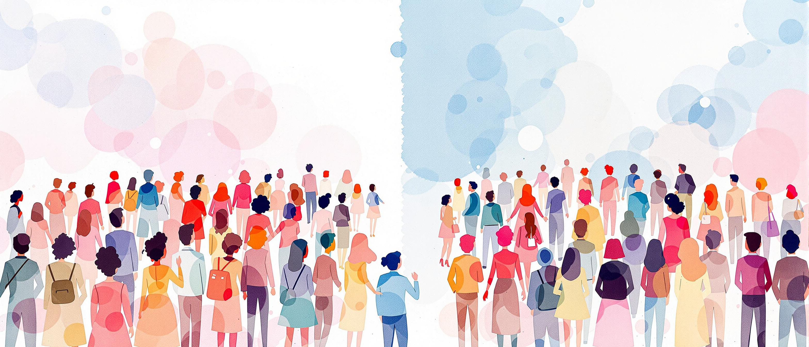 Watercolor illustration of two divergent groups of people, one group representing intended target customers and the other group representing actual reached audience, with a gentle gap or divide between them, set against a light, abstract marketing-themed background, conveying the concept of misaligned targeting in business.