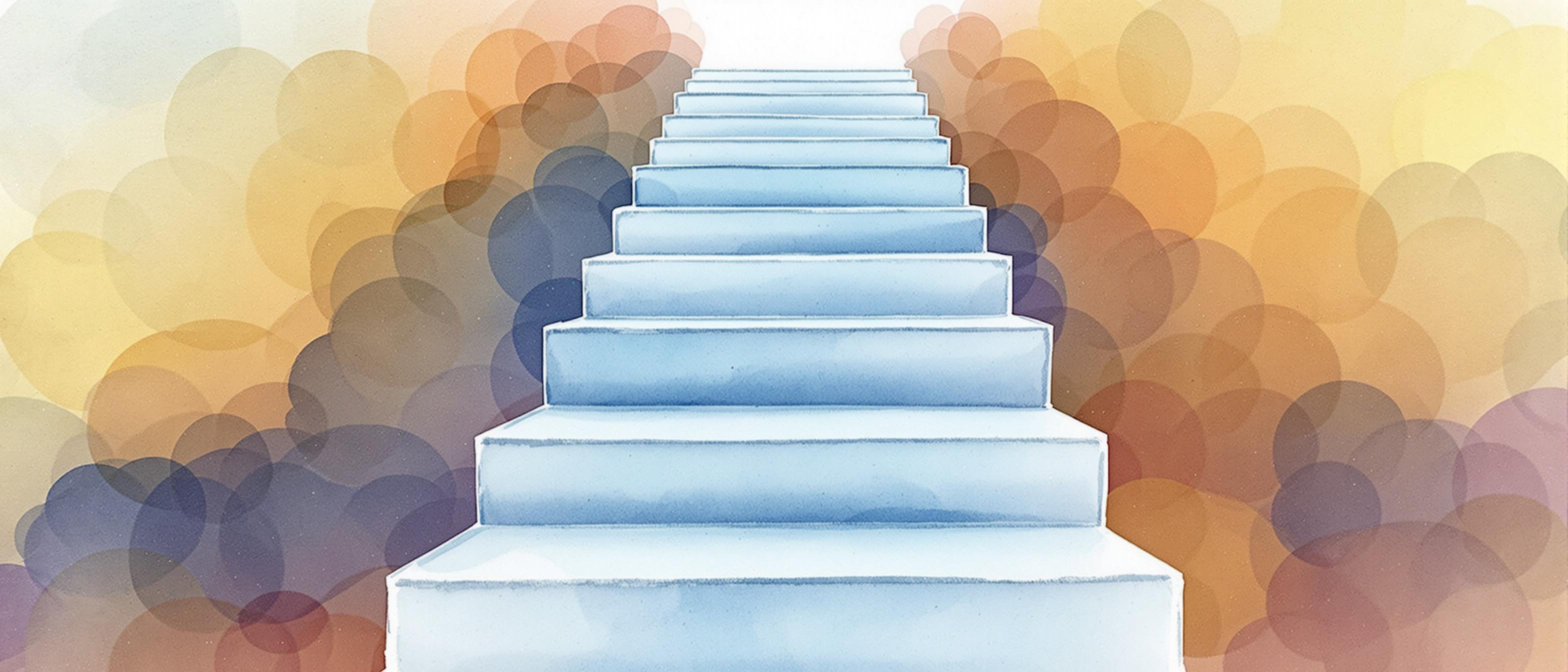 A watercolor illustration showing a path or staircase leading upward, with milestones marked at intervals—each step representing goals or KPIs. The background features light, uplifting colors suggesting progress, clarity, and a sense of direction.