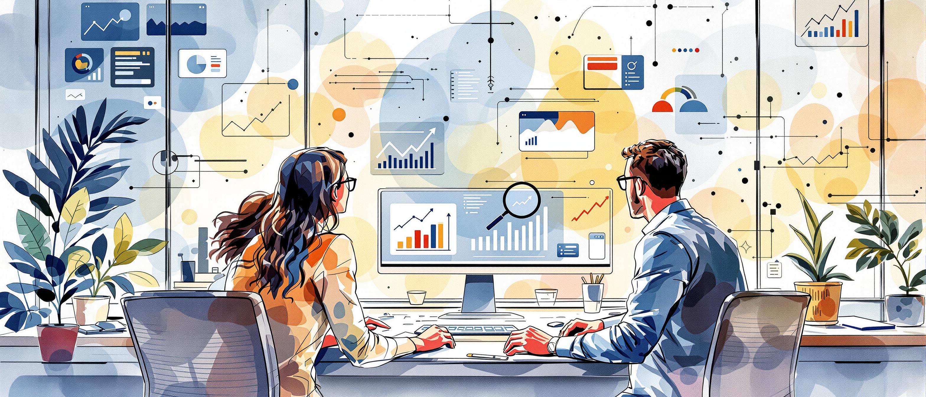 A watercolor illustration of a business team in a modern office, focusing together on digital screens displaying charts, magnifying glass, and analytical graphs. The mood is collaborative and optimistic, with abstract digital elements in the background to convey clarity in goal-setting and strategy planning.