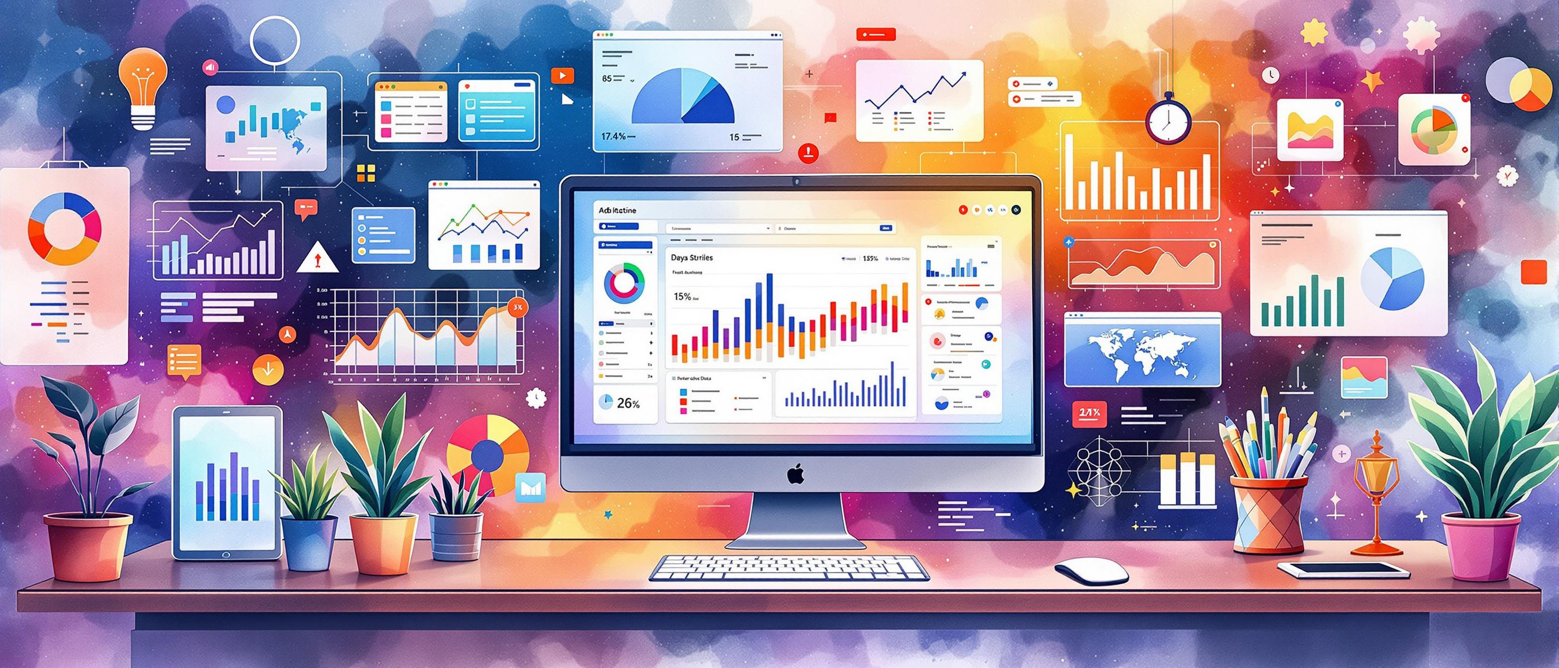 A watercolor scene of digital dashboards and analytical tools like search engine interfaces, web stats, and charts seamlessly blending into a vibrant, creative workspace. The overall mood is data-driven and insightful, full of energy and forward momentum.