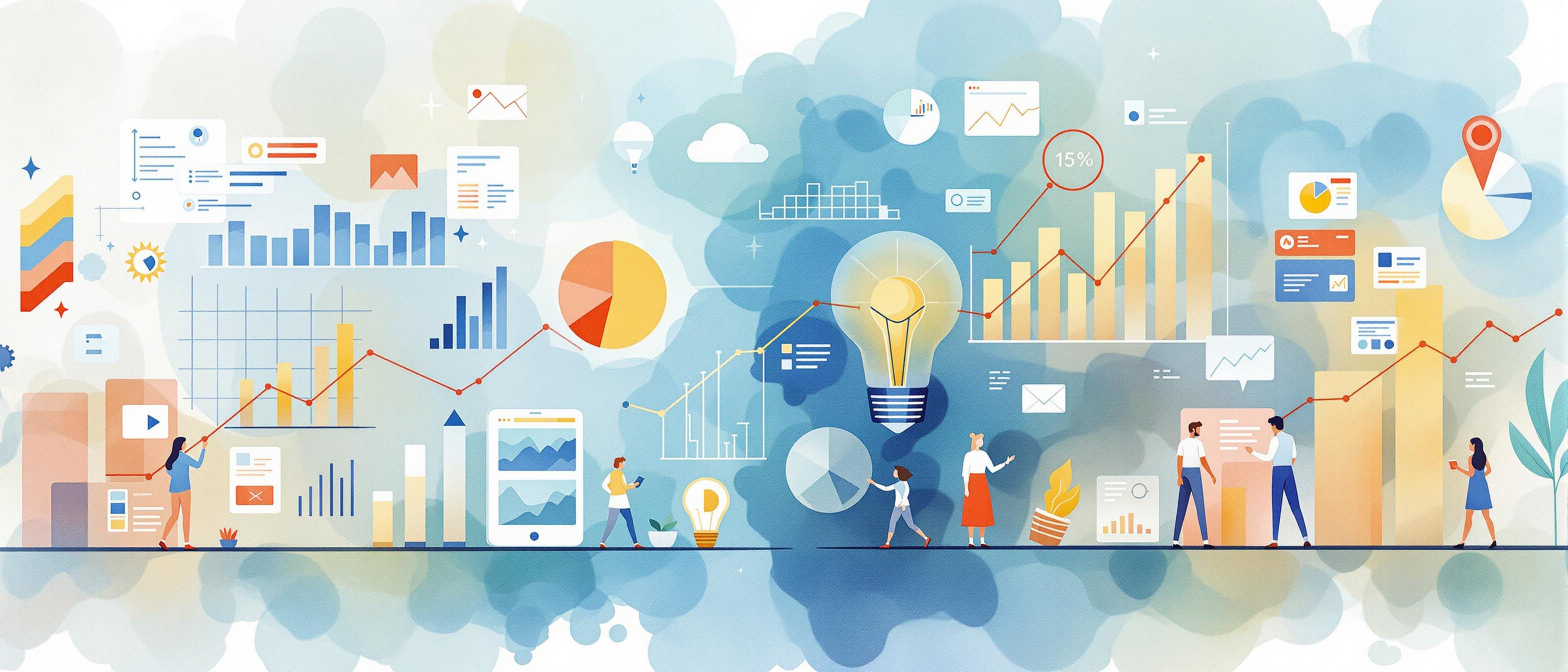 A persuasive watercolor image depicting the interaction between quantitative and qualitative analysis in SEO strategy. Show data charts merging with user experience elements like people interacting with a website, over a soft abstract background, harmonious color palette, innovation-focused mood. Structure: conceptual metaphor.