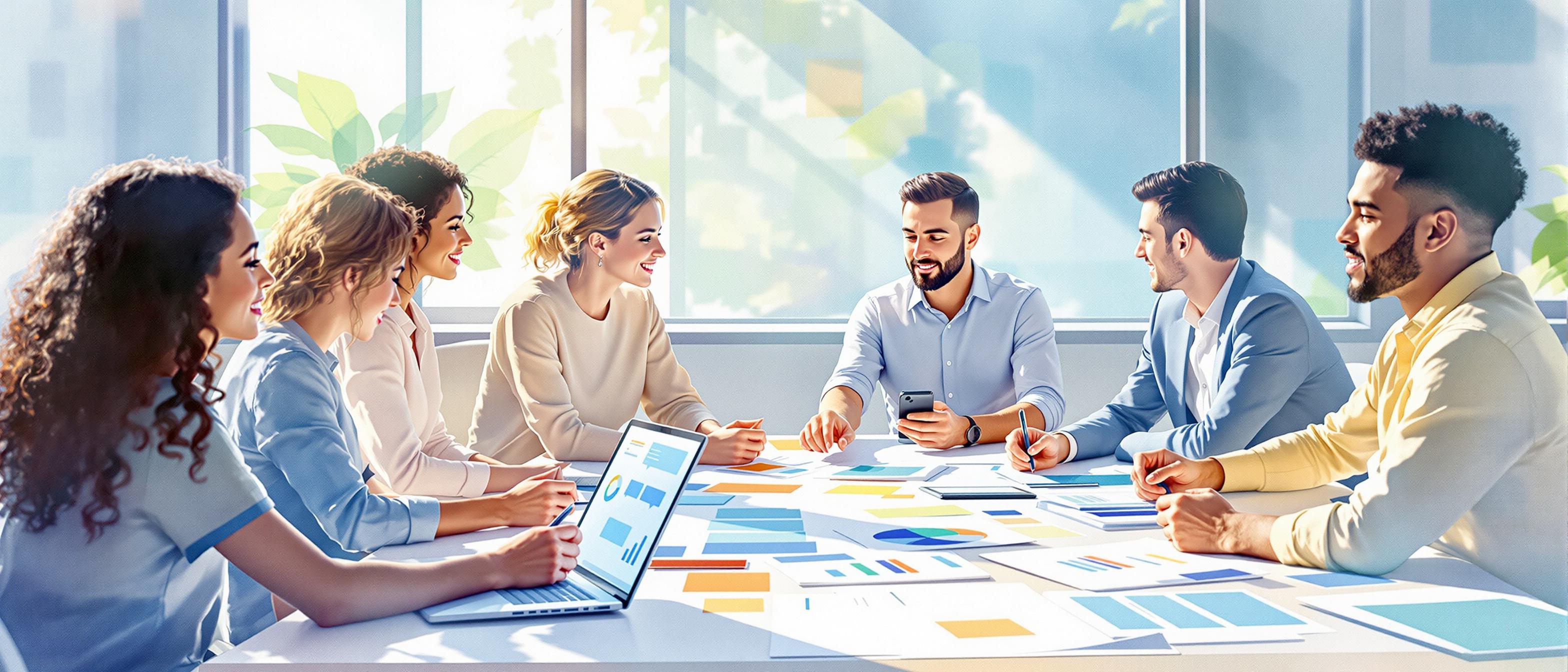 A persuasive watercolor scene illustrating continuous improvement in a business context: a group of diverse professionals around a large table reviewing colorful reports, digital screens, and feedback notes. Light streaming through windows, productive collaborative atmosphere, pastel blues and greens. Structure: situational moment.