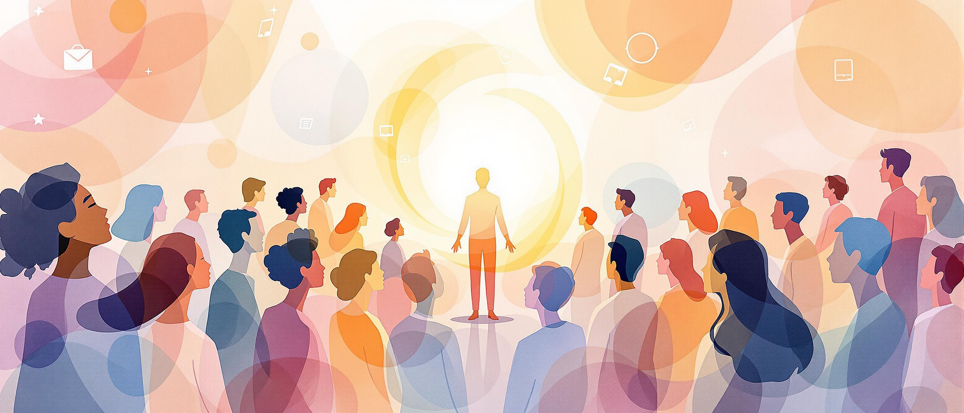 Watercolor style illustration: Abstract group of diverse people in soft, flowing colors, gathered in a subtle swirl around a bright figure in the center, representing a clear target audience focus. The background is light and airy with hints of digital icons, suggesting both online and real-world connections. The mood is hopeful and professional, evoking the feeling of connection and community, persuasive tone, comprehensive structure.
