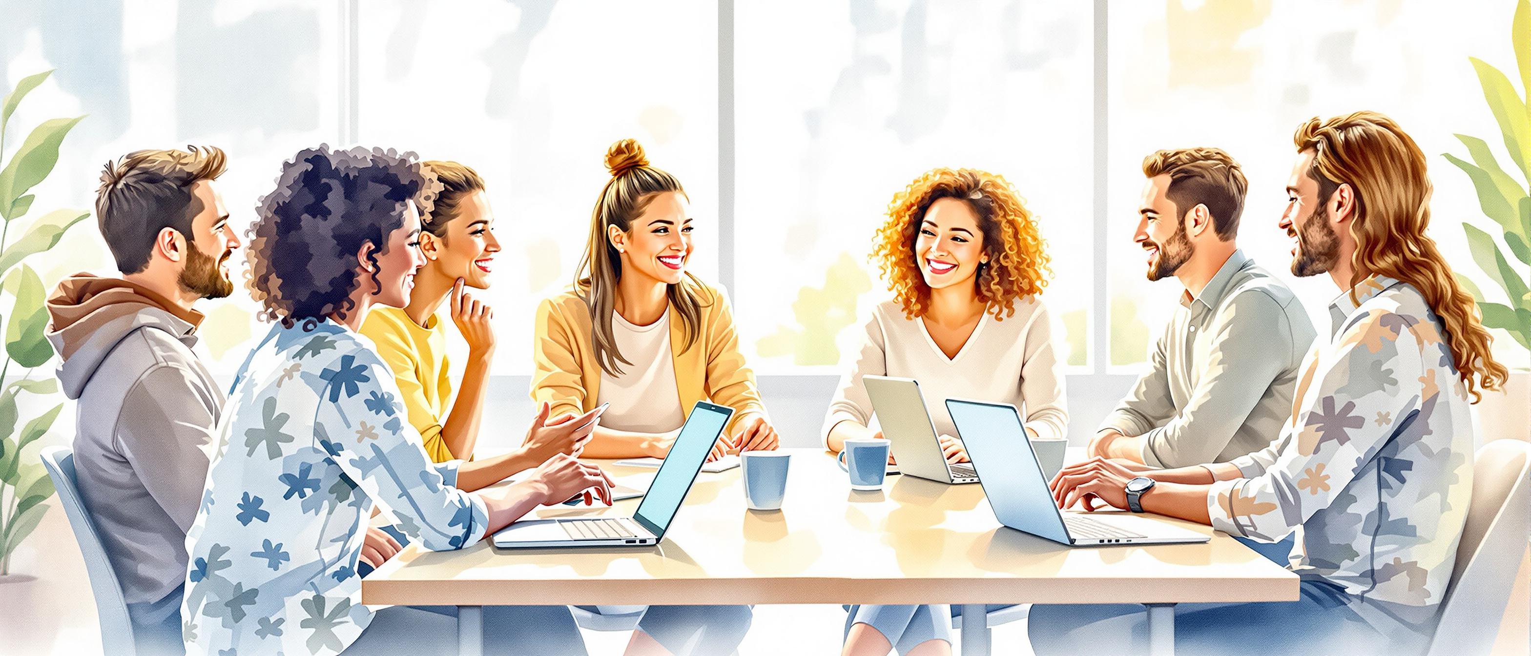 Watercolor illustration of a diverse team sitting around a table in an open office, engaged in discussion with visible digital devices, expressing openness and collaboration. Soft natural light fills the background, promoting a mood of transparency and trust-building, in a gentle and welcoming color palette.