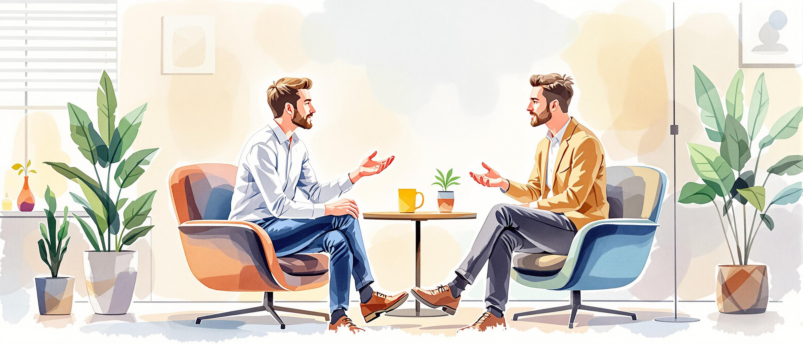 Watercolor scene of two colleagues in a relaxed office corner deeply engaged in conversation, one attentively listening with eye contact and open posture, the other expressing ideas calmly. Background shows subtle office elements and warm tones, emphasizing trust and psychological safety.