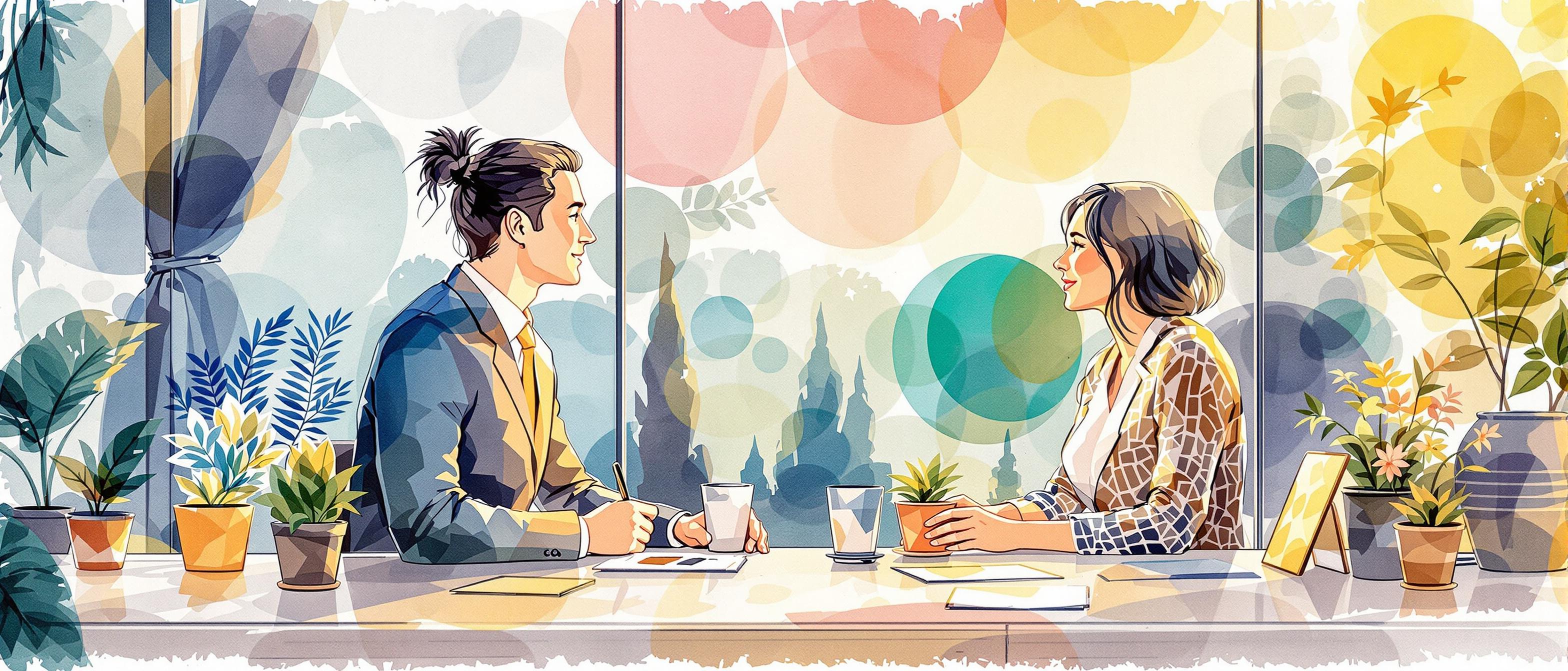 A persuasive watercolor scene depicting the instant impact of a company's visual identity: a first meeting between a customer and a business representative, with the brand’s visual elements (like logo, colors, and patterns) subtly incorporated into the environment. The mood is warm and inviting, emphasizing the power of first impressions.