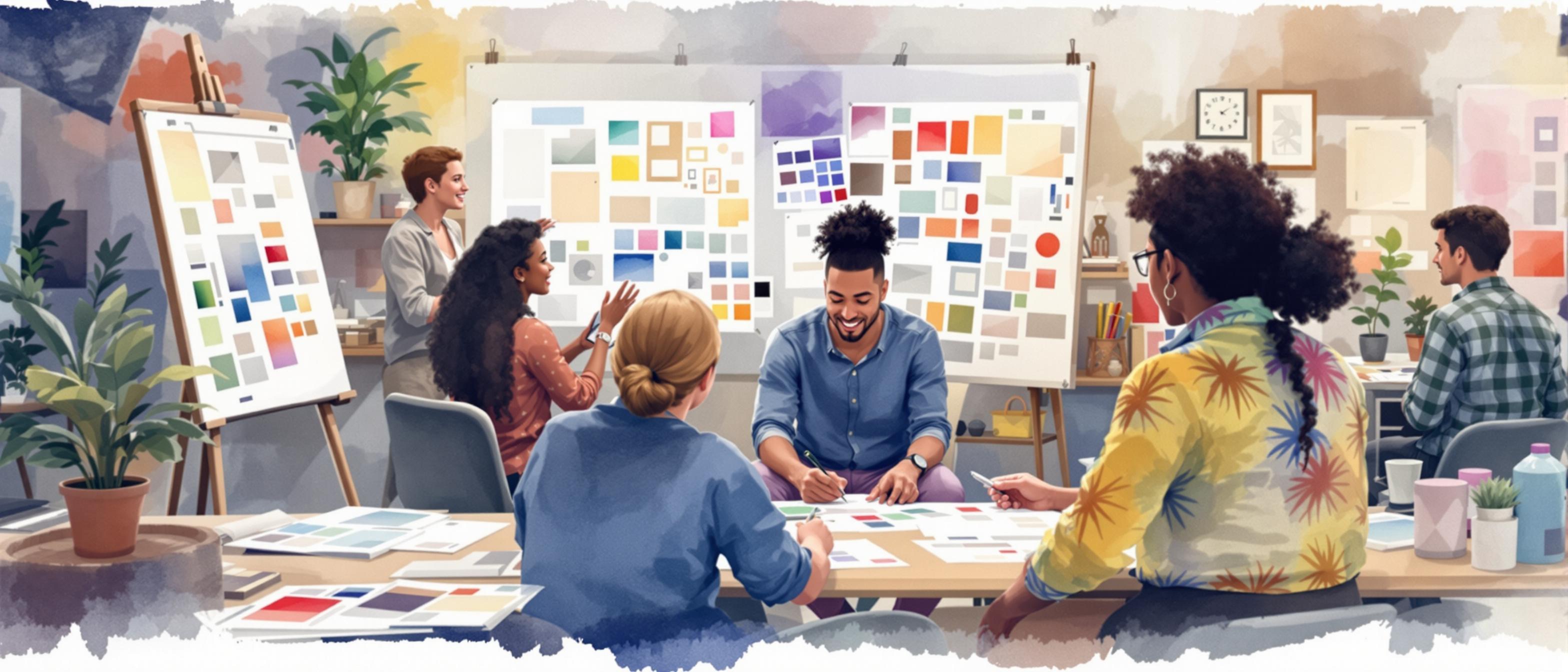 A persuasive watercolor illustration showing the design process: a team of diverse professionals engaged in creative discussion, surrounded by mood boards, color swatches, and design sketches. The atmosphere is collaborative and focused, highlighting structured teamwork in visual identity creation.