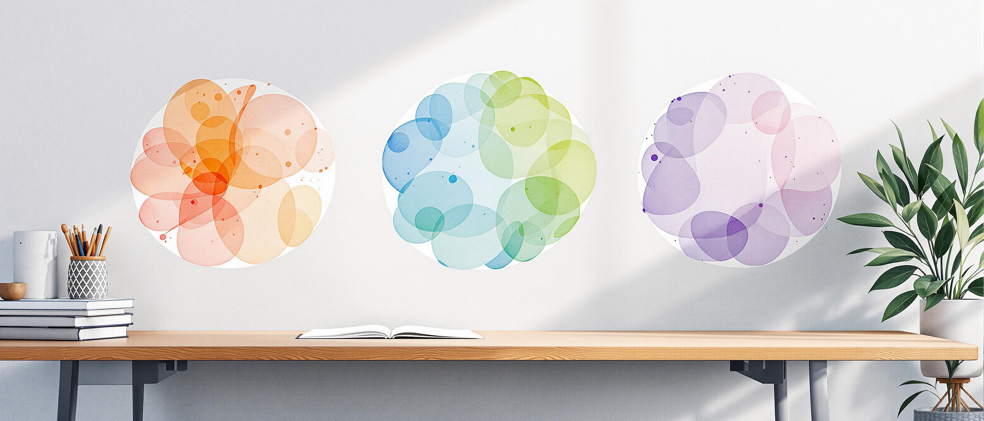 A persuasive watercolor illustration of three major visual identity components—logo, color palette, and fonts—each represented by abstract symbols (no text), arranged harmoniously side by side on a soft, professional office background. The mood is trustworthy and creative, reinforcing the strategic value of a unified identity.