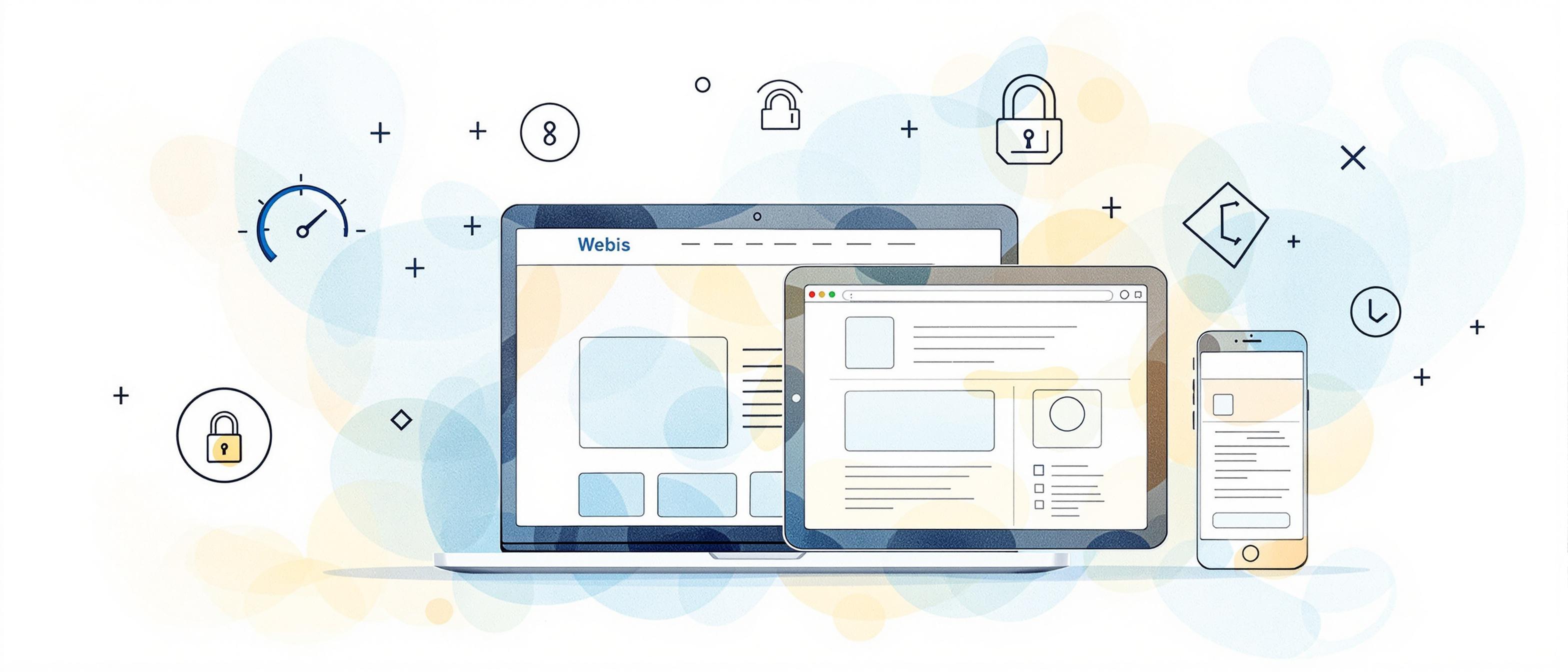 Watercolor illustration of a website displayed on multiple devices (laptop, tablet, smartphone), emphasizing fast loading and mobile-friendly design. Around the devices, faint icons such as speed meters, security locks, and checkmarks highlight performance and security, all set on a light abstract background evoking modern technology.