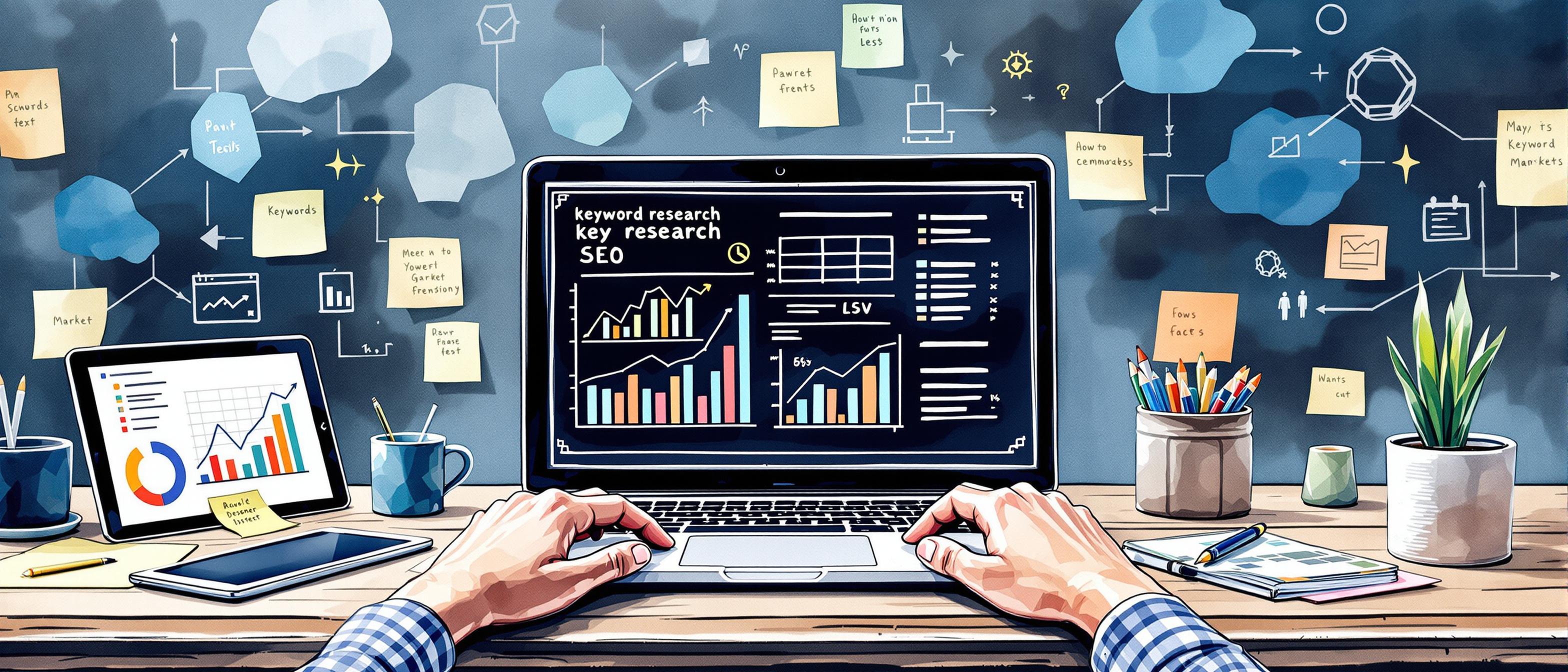 Watercolor scene depicting a detailed process of keyword research for SEO: a desktop scene with an open laptop displaying graphs and keyword lists, surrounded by sticky notes and a tablet. In the background, abstract shapes represent the flow of ideas and market trends, emphasizing focused analysis and clear strategy.
