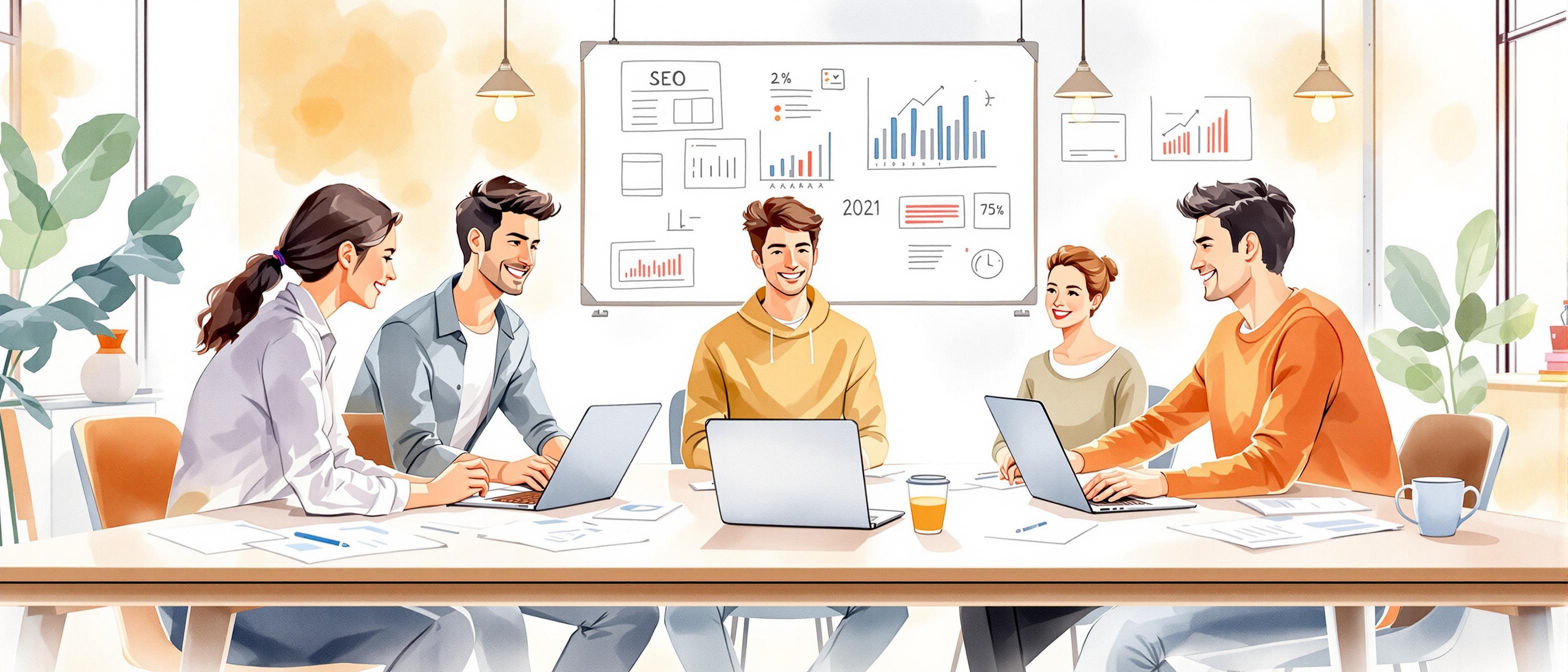 Watercolor illustration showing a young startup team in a bright, modern workspace, gathered around a large table filled with laptops, papers, and coffee cups, deeply engaged in a brainstorming session for SEO strategies. The scene conveys energy, curiosity, and innovation, with a soft, inviting background of digital charts and website sketches faintly visible on a board.