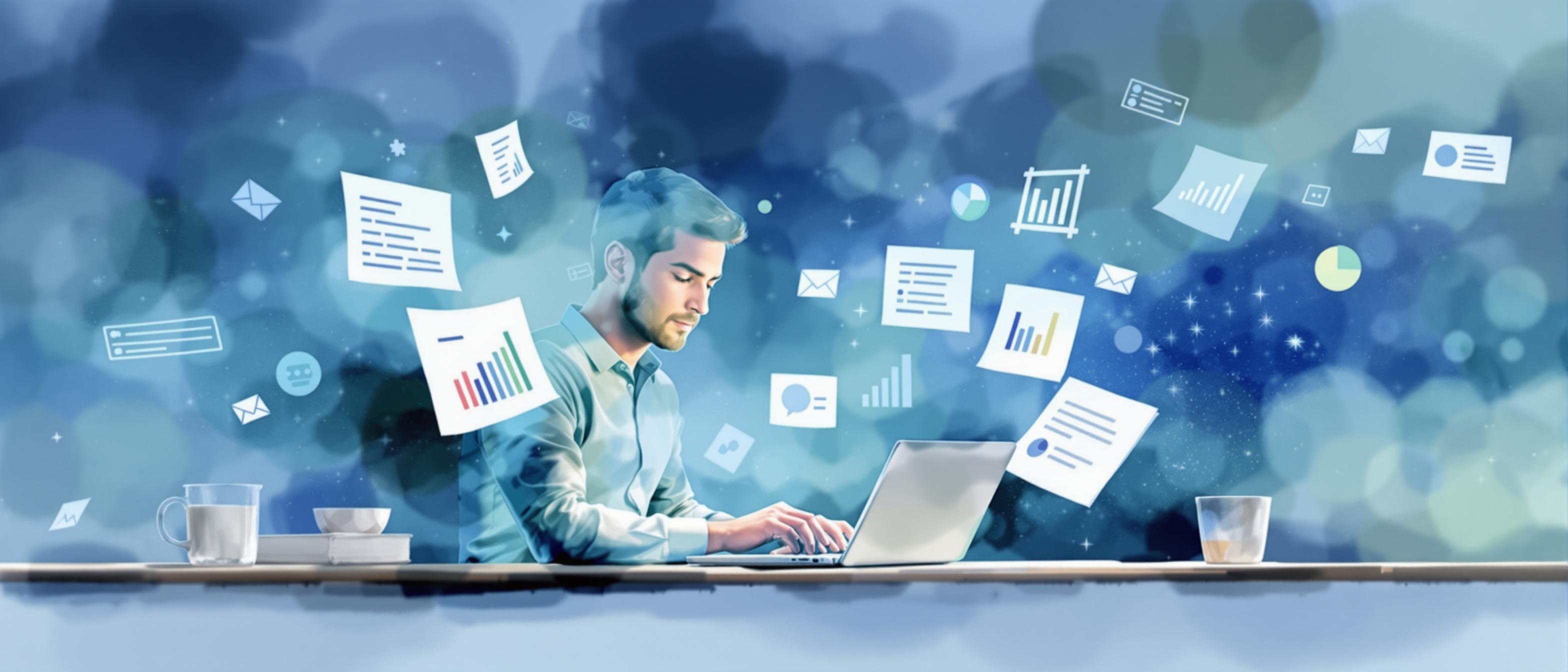 A persuasive watercolor depiction of a marketer or analyst reviewing website data on a laptop surrounded by soft graphs and abstract feedback forms floating around. The background is a blend of calm blues and greens, symbolizing data analysis and growth. The mood is reflective and methodical, emphasizing the importance of continuous measurement, user feedback, and improvement in MVP strategies.