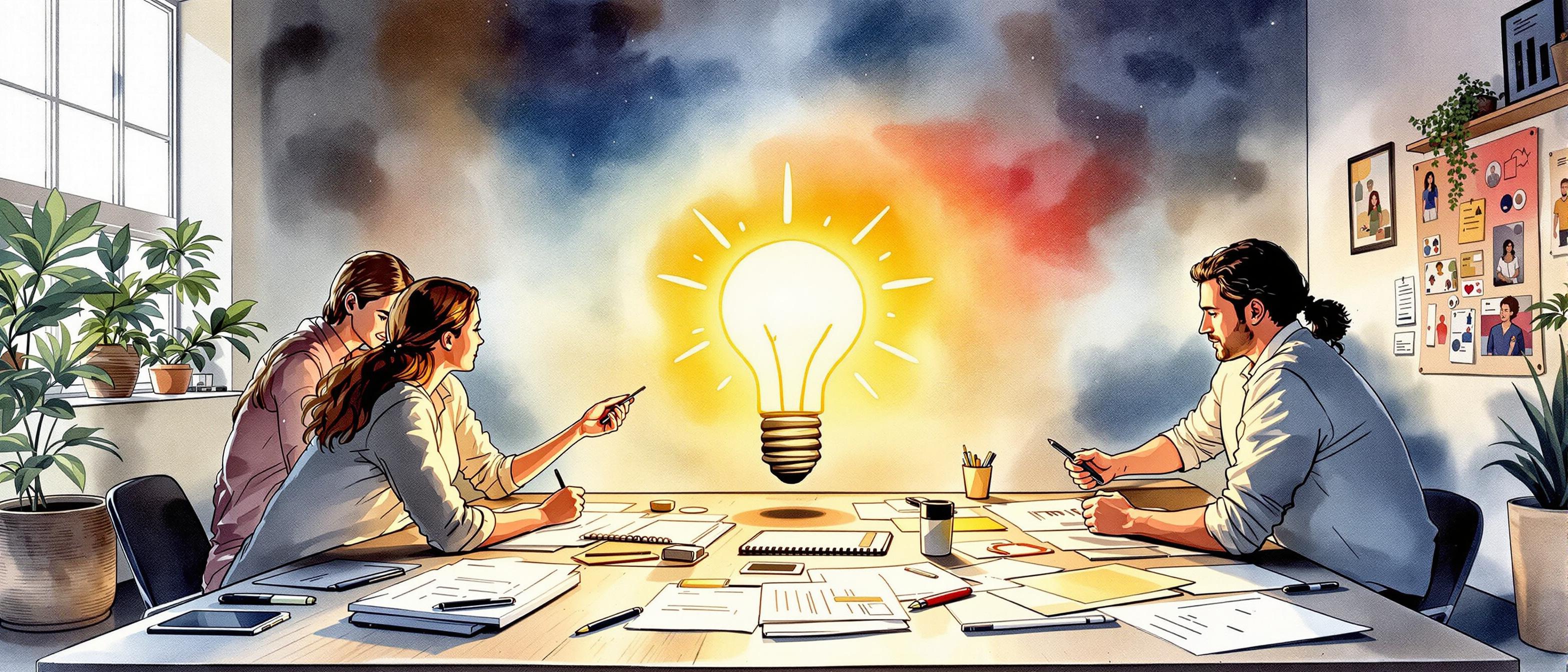 A persuasive watercolor illustration depicting a small business team brainstorming around a minimal, glowing core idea, surrounded by scattered tools and papers. The mood is collaborative and optimistic, set in a cozy, modern office environment. The background subtly hints at constraints through space or resources, yet exudes an aura of innovation and focus, visually capturing the essence of MVP content strategy with limited investment and quick learning cycles.