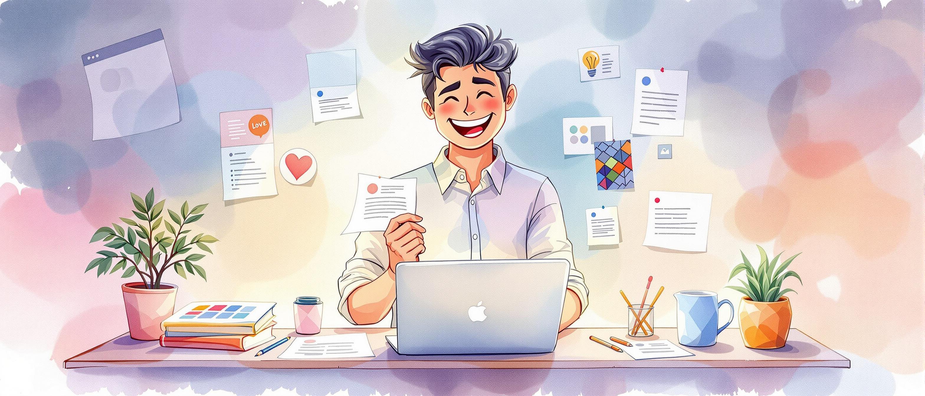 A persuasive watercolor painting showing a cheerful startup marketer efficiently building a simple, yet polished web landing page using a laptop and visual templates. Around them, a few reused document pages, creative tools, and digital elements are arranged in a dynamic but organized flow. The scene evokes resourcefulness, practicality, and fast-paced execution, set against a gentle, softly lit background symbolic of digital growth and minimal resources.