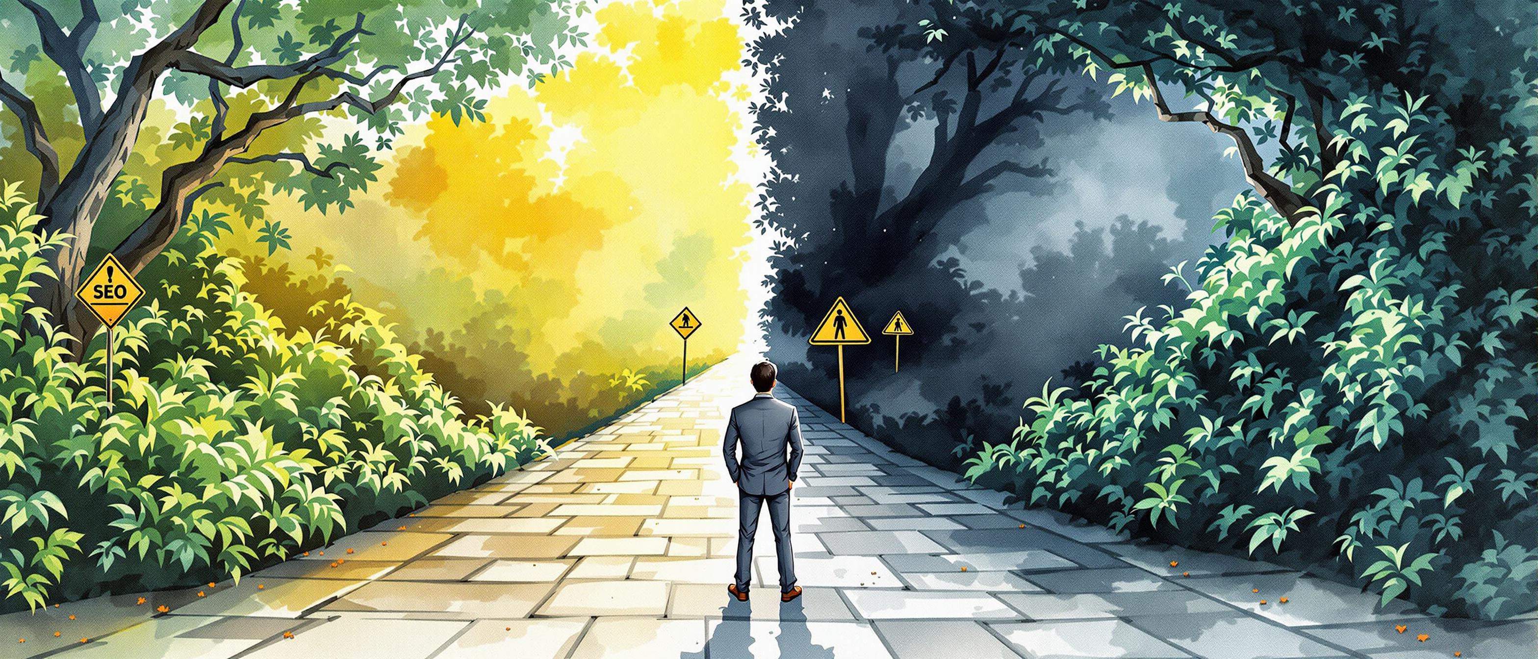 A persuasive watercolor scene showing a businessperson facing two diverging paths—one well-lit with healthy, growing plants (representing safe SEO practices), the other shadowy with warning signs and overgrown thorny bushes (representing risky or black-hat SEO dangers). The mood is cautionary, emphasizing the choice and consequences.