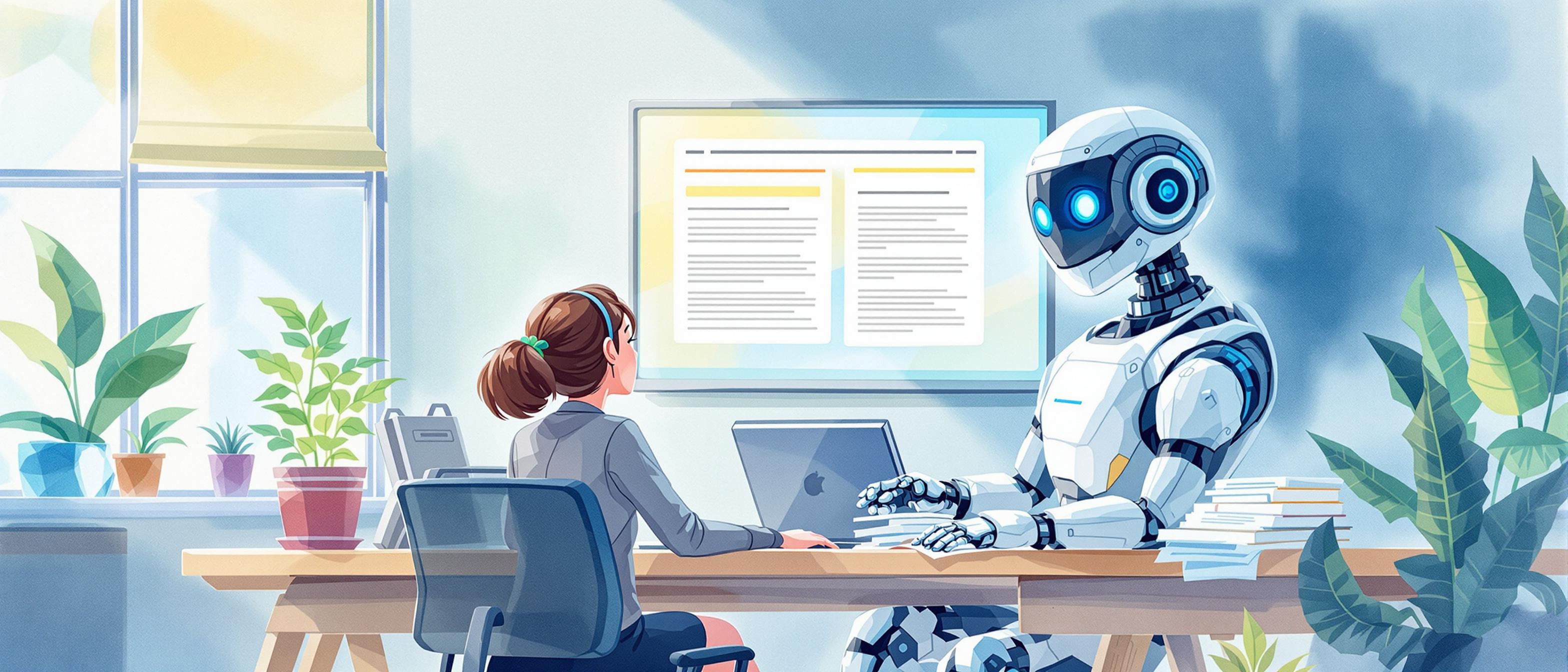 A watercolor illustration showing a small business team or a solo entrepreneur at a work desk, looking overwhelmed with paperwork and digital devices, while a friendly AI robot efficiently generates articles on a large screen, in a bright and optimistic office setting. The mood is positive, highlighting relief and productivity gains.