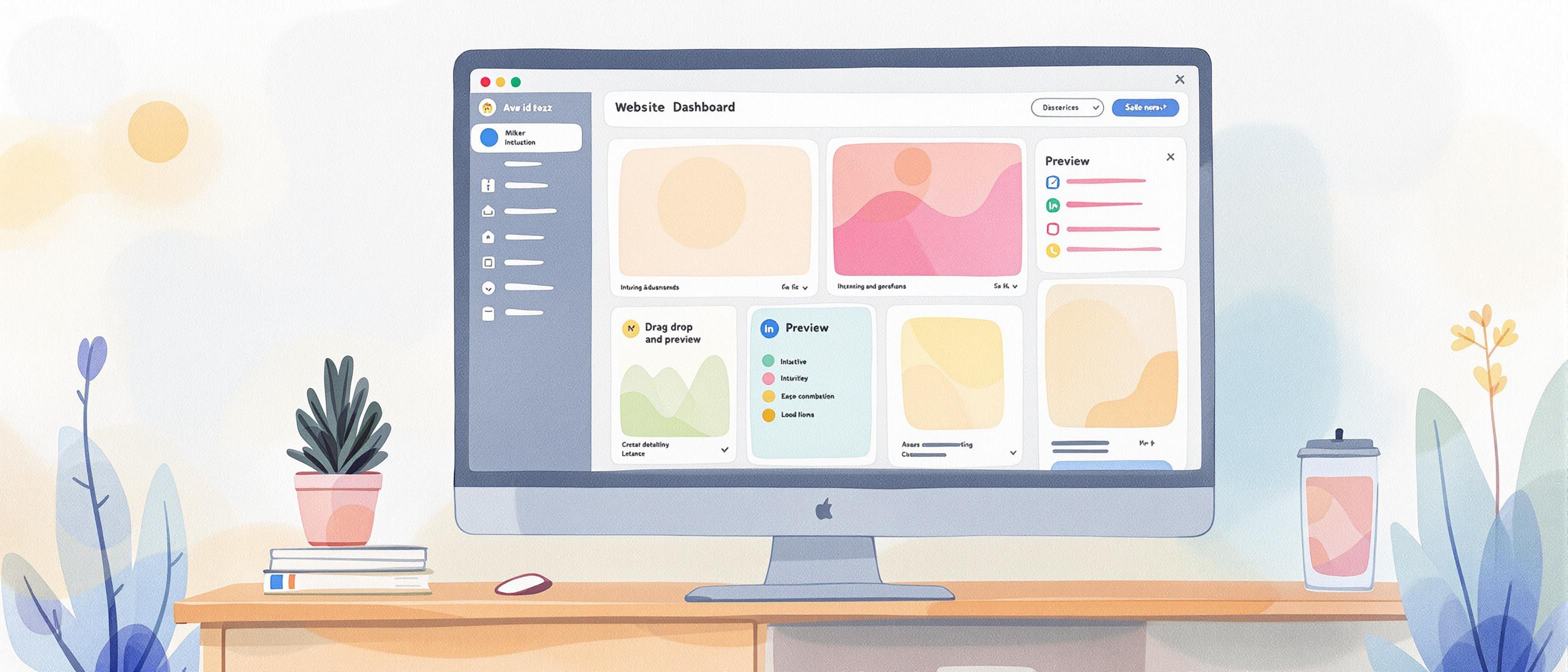 A watercolor illustration of a simplified website dashboard with intuitive icons, drag-and-drop elements, and a preview window. The dashboard should appear approachable, with warm and friendly color tones, highlighting ease of use and user-friendliness. The background should be light, subtle, and abstract to keep the focus on the interface.