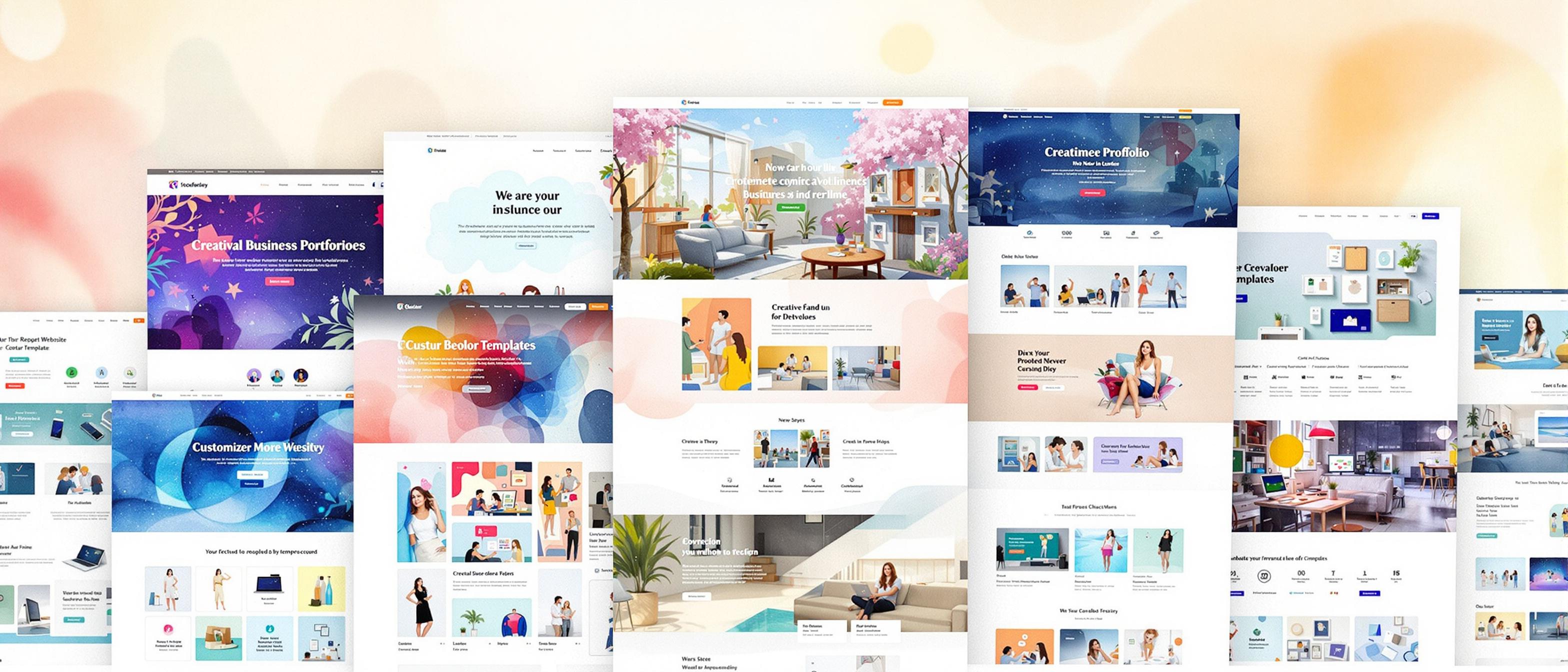 A watercolor illustration showing a variety of website templates, each with distinct styles such as a professional business template, a creative portfolio, and an online store. The templates should be stacked or spread out, emphasizing diversity and customizability. The mood should be creative and inspiring, with a vibrant but harmonious color palette.