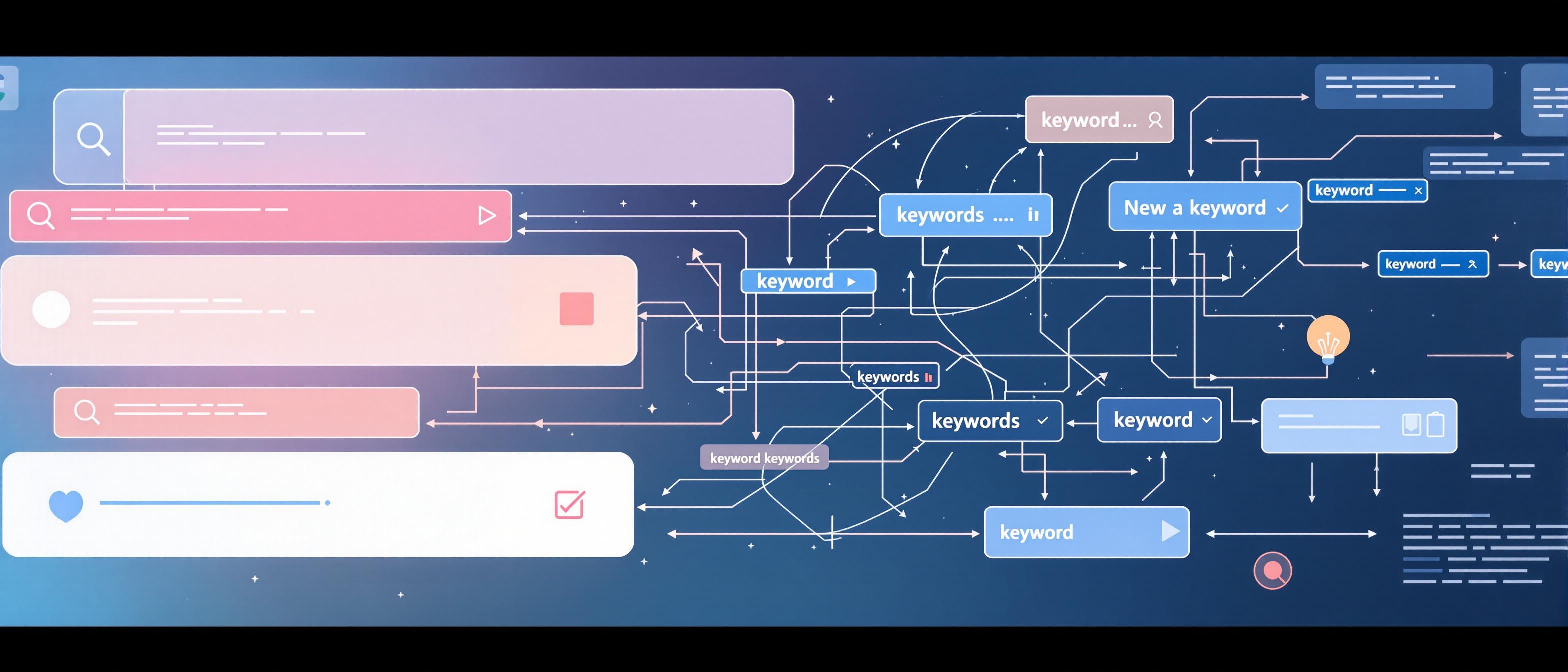 A visually engaging ai_art_hybrid illustration showing the process of keyword research and analysis: multiple overlapping search bars, keywords emerging as strings, and a dynamic flowchart with arrows connecting different keyword groups, over a minimalist digital interface in light colors.