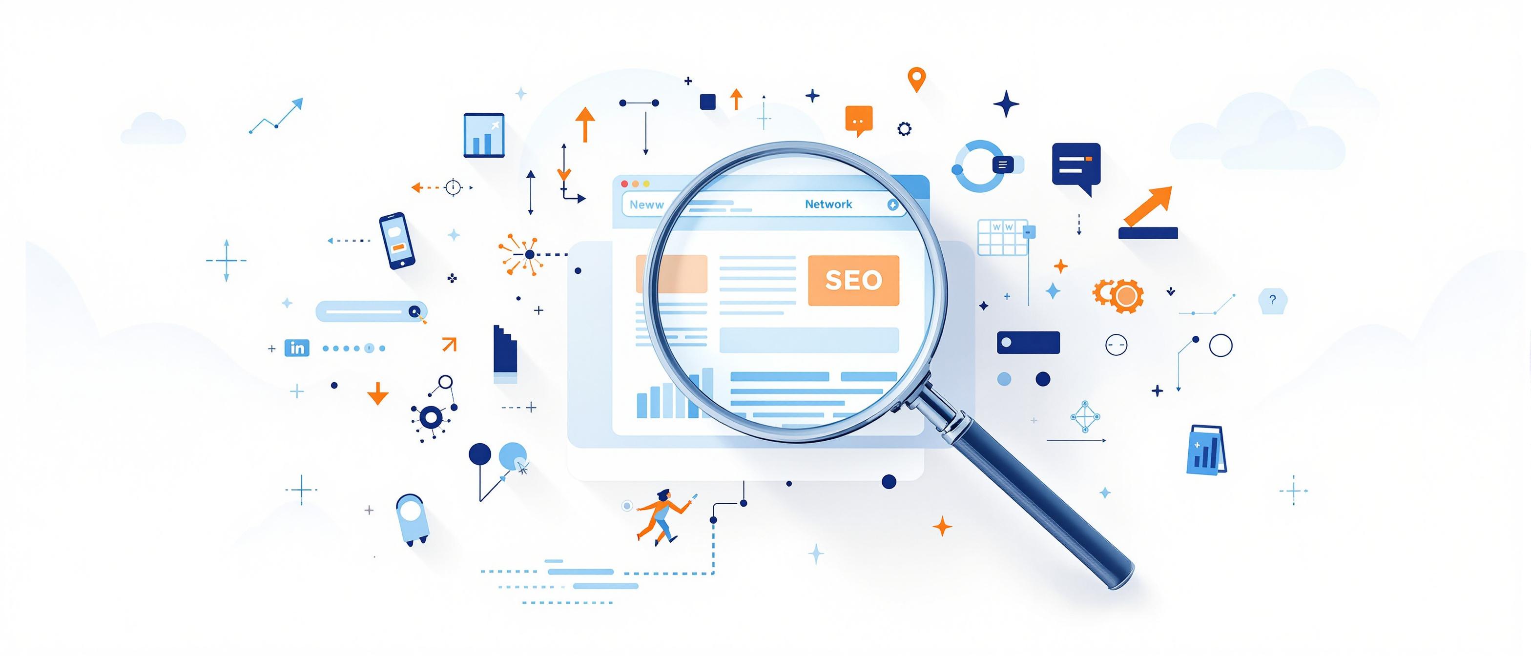 A modern, clean digital illustration in the ai_art_hybrid style depicting the concept of SEO: A magnifying glass examining a website page, surrounded by abstract icons such as upward arrows, interconnected network nodes, and search bars, all set on a white background with subtle blue and gray gradients, creating a calm and informative mood.
