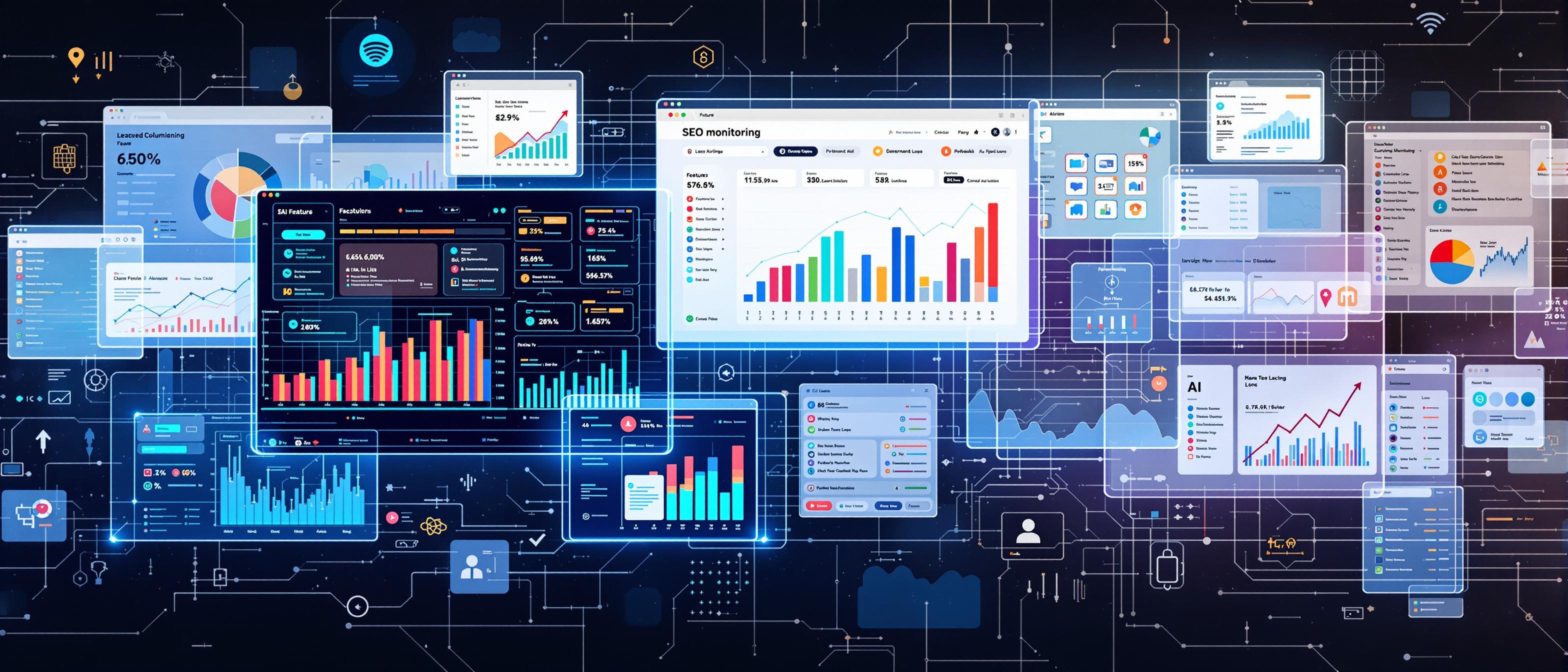 ai_art_hybrid style, an in-depth visual comparison between multiple SEO monitoring tools and AI-powered software, emphasizing feature variety like graphs, alert icons, keyword lists, and automation, sleek digital interfaces on overlapping screens, abstract tech background, informative and high-tech mood, no text or logos