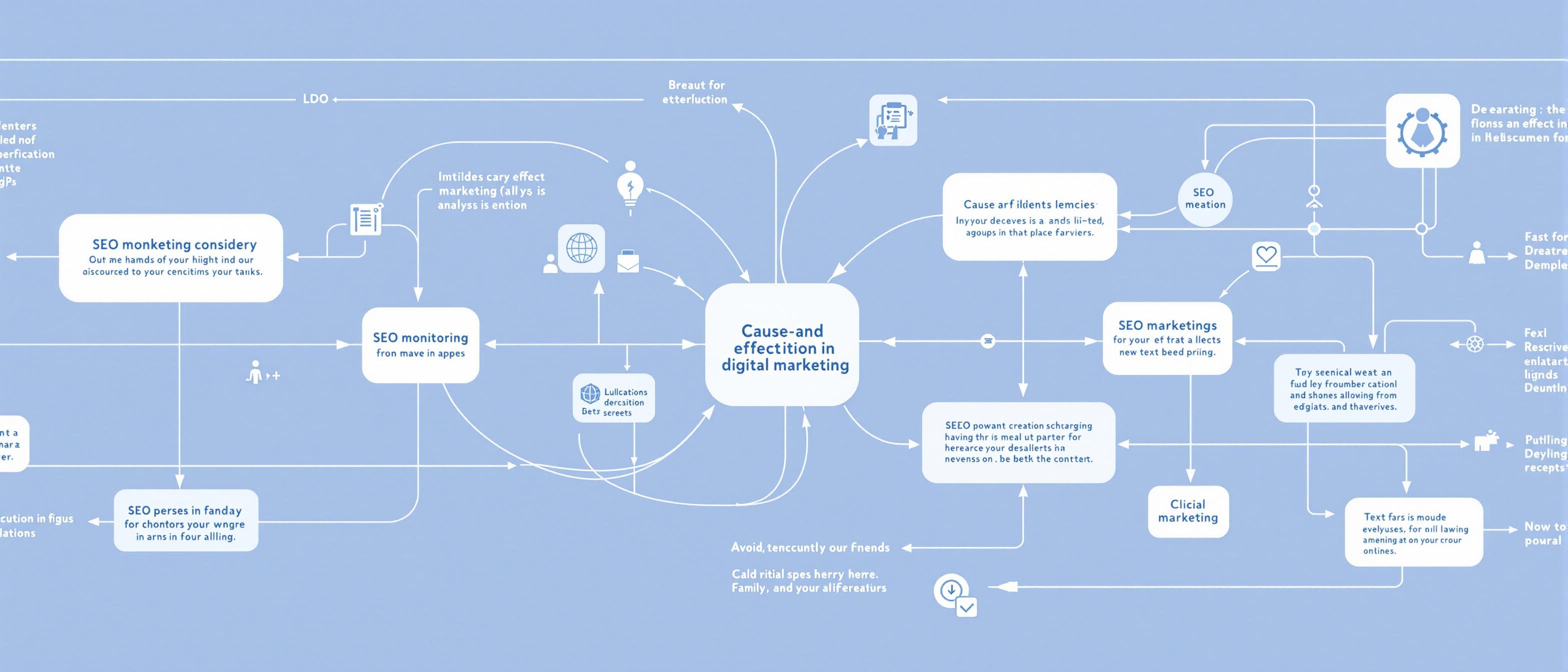 ai_art_hybrid style, a stylized representation of a complex cause-and-effect analysis flow in digital marketing, with interconnected nodes and arrows depicting steps in SEO monitoring and decision-making, modern data visualization aesthetic, soft blue and white tones, informative and analytical mood, no text or numerical data