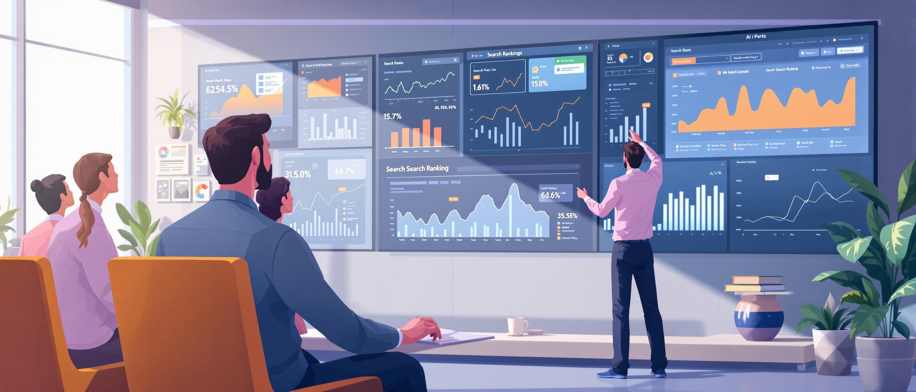 ai_art_hybrid style, a digital concept illustration showing a business environment with professionals monitoring various data dashboards on large screens, graphs indicating rising and falling search rankings, a sense of urgency and teamwork, office background, clean and modern, informative mood, no text or branding