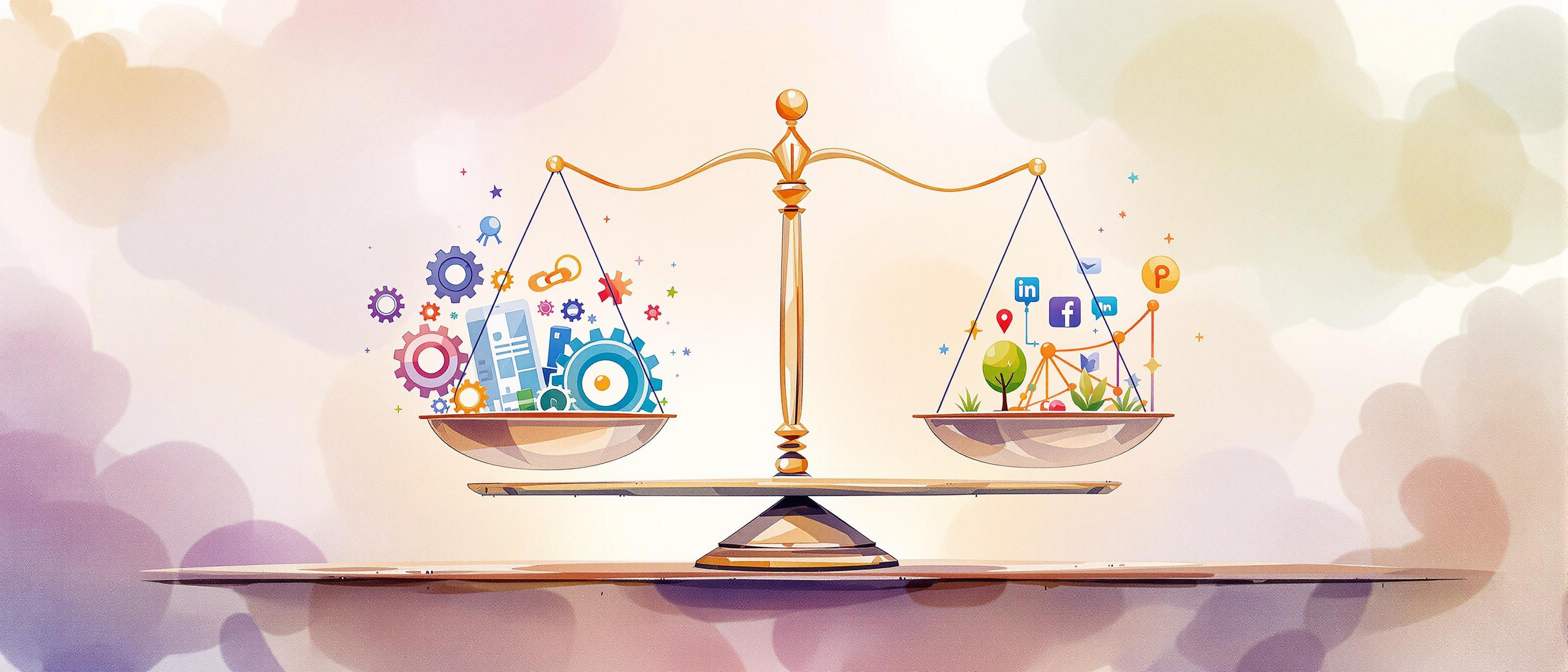 A watercolor visualization of a balanced scale, one side holding elements like gears and internal website structure (symbolizing internal SEO factors), the other side containing natural-looking link chains and social icons (symbolizing external SEO factors). The setting is harmonious and informative, with soft gradients and a sense of equilibrium.