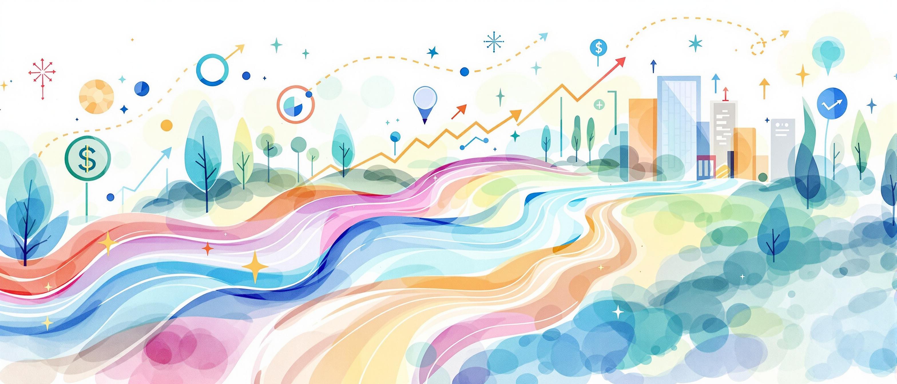 A watercolor scene showing website analytics at a conceptual level: flowing organic traffic streams represented as colorful river currents leading to a flourishing digital landscape, with symbolic web elements like magnifying glasses, arrows, and upward paths. The background is light and abstract, conveying growth, monitoring, and analysis in an informative atmosphere.