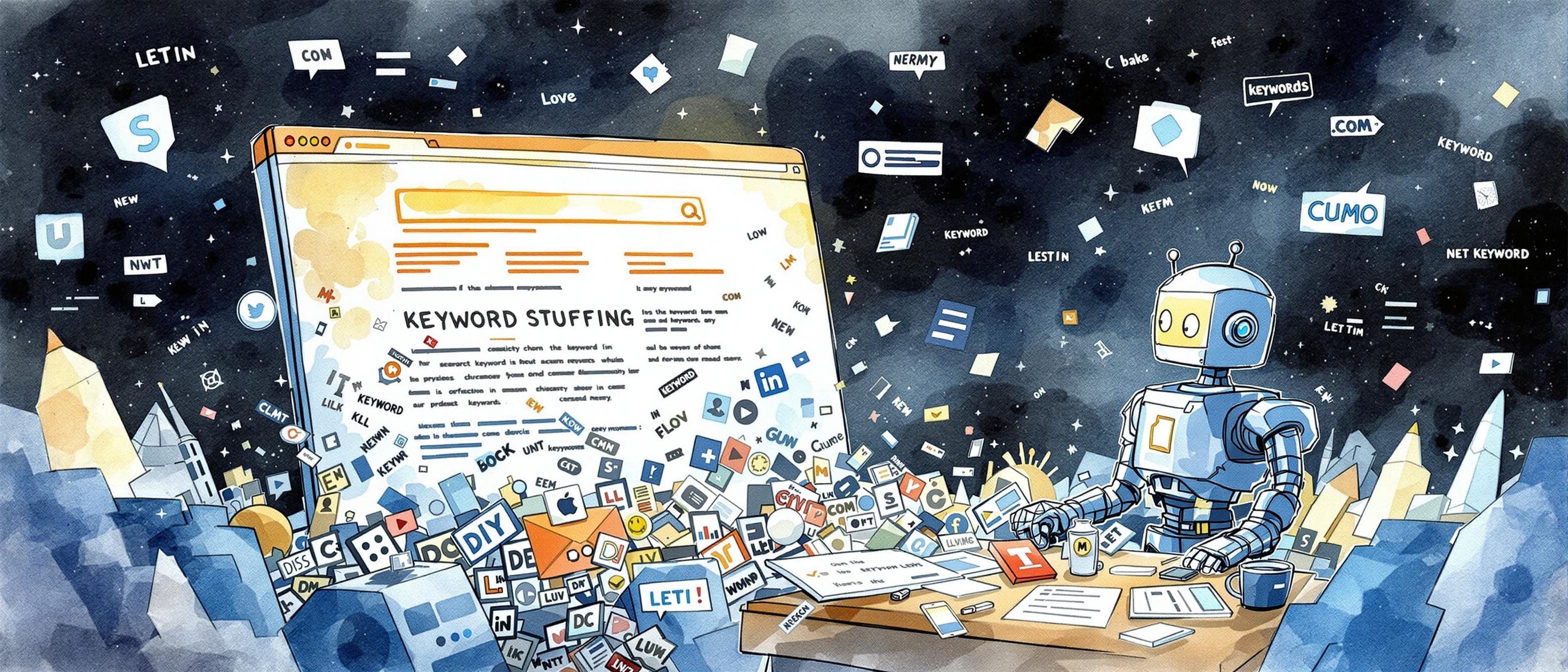 A watercolor scene depicting the concept of keyword stuffing: a web page overflowing unnaturally with keywords, with a frustrated user and search engine robot nearby, expressing confusion. The background features subtle webpage elements and repetitive keywords as floating shapes, enhancing the idea of overuse and its negative impact.