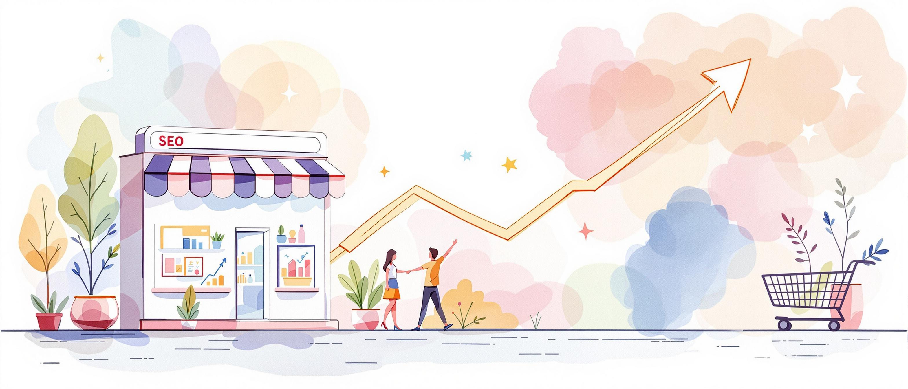 A watercolor illustration showing an online shop or EC site with a growth arrow, symbolizing success and growth from SEO. The scene should show a digital storefront with a shopping cart and abstract elements representing organic traffic, all on a soft, modern background, conveying the importance of SEO for EC sites.