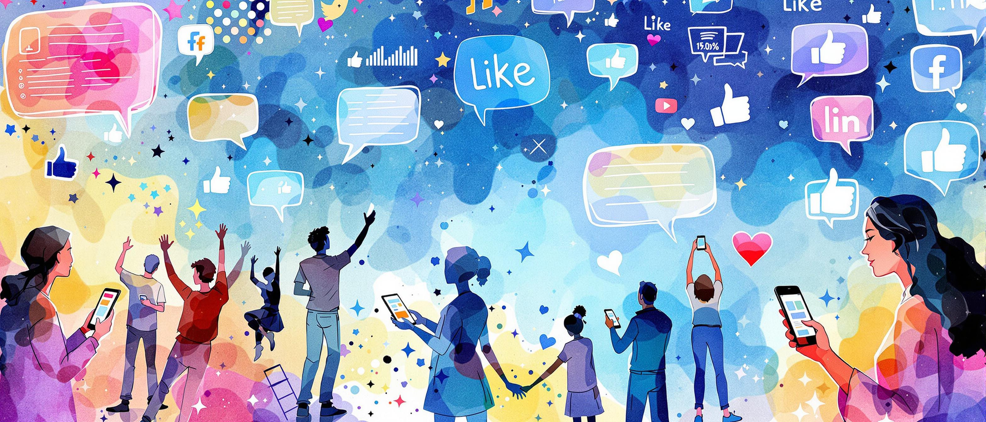 A watercolor scene showcasing people engaging on social media platforms, sharing and reacting to content using smartphones and tablets. The background is vibrant and energetic, filled with abstract speech bubbles and like icons, evoking information diffusion and lively online engagement.