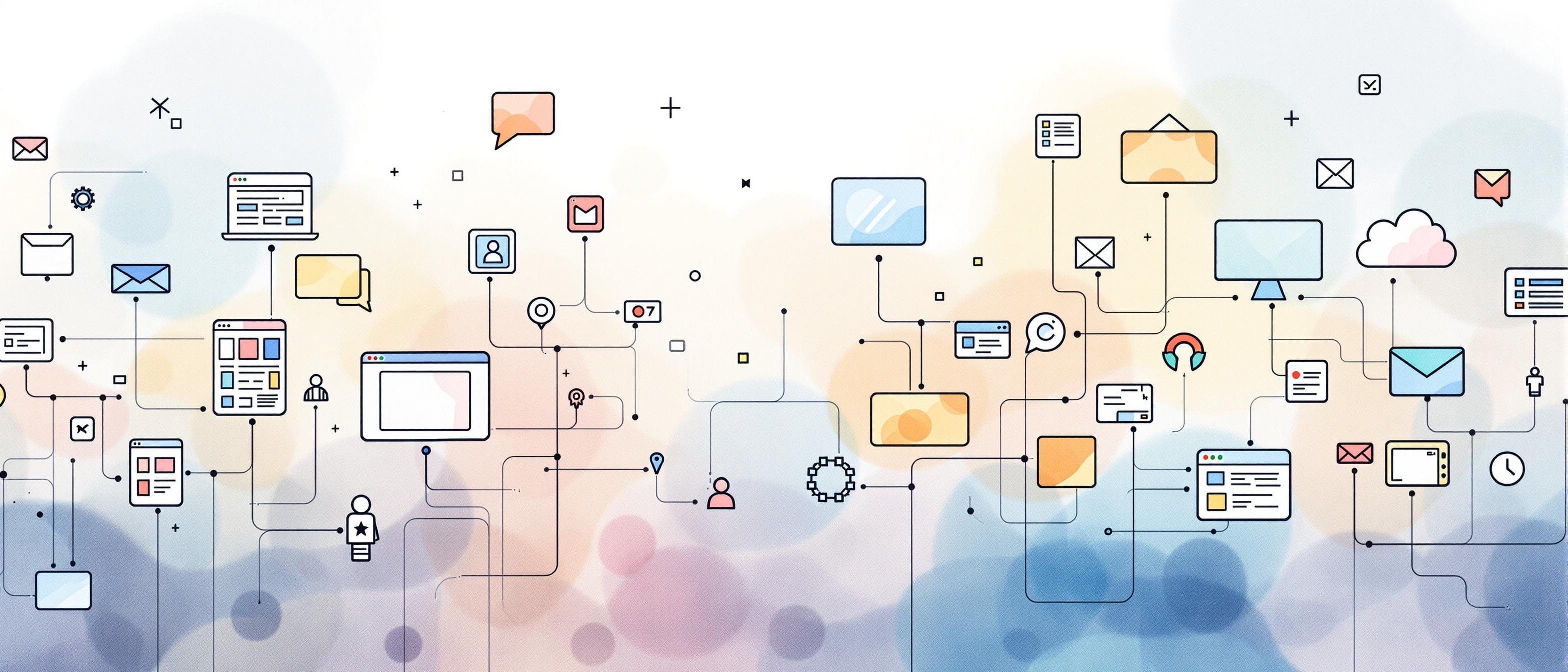 A watercolor illustration showing a variety of digital media platforms like blogs, SNS icons, and news sites interconnected with flowing lines to represent external media channels. The background is soft and abstract, emphasizing network, communication, and information spread. The mood is dynamic yet approachable, symbolizing broad web reach and strategic media use.