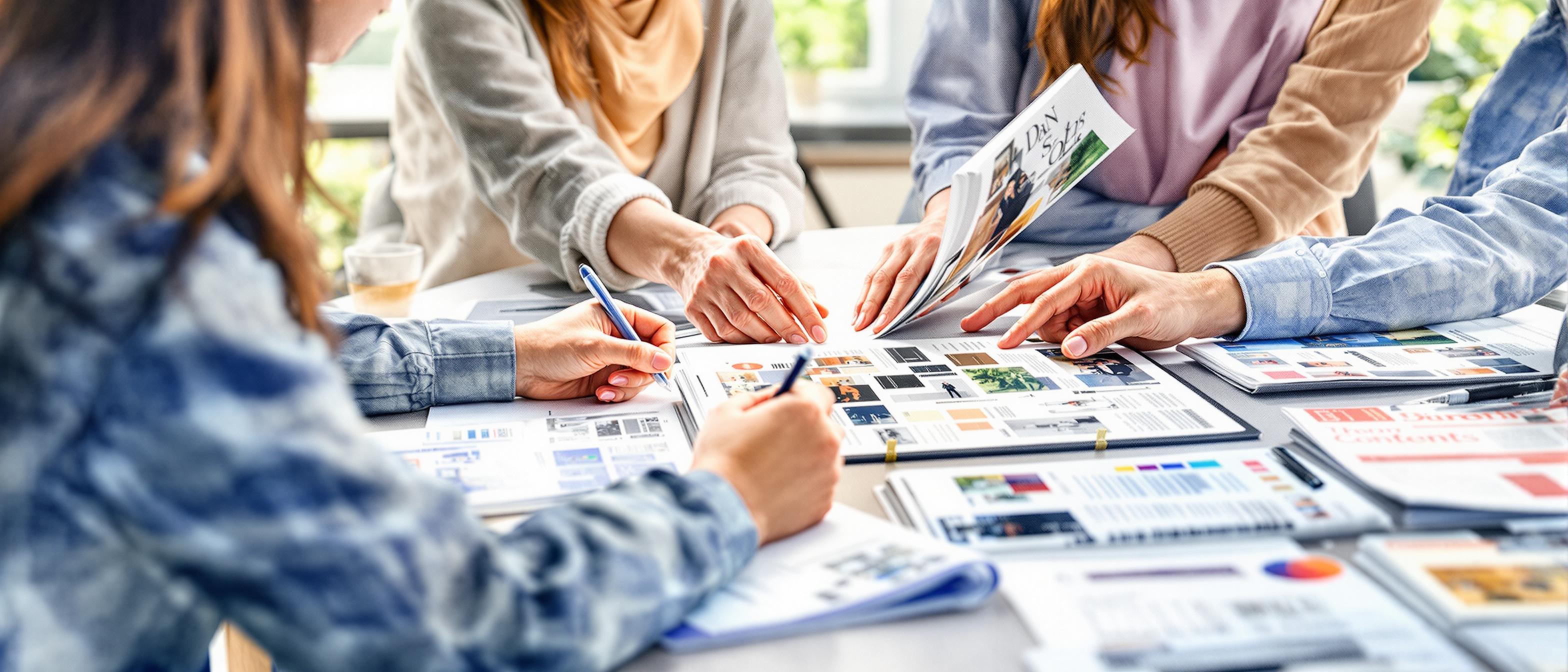 A watercolor image of professionals collaborating at a table, reviewing articles and content strategies, with a targeted selection of industry magazines and digital screens in front of them. The background is a serene office environment. The mood is productive and focused, illustrating the process of choosing and contributing to reputable media outlets.
