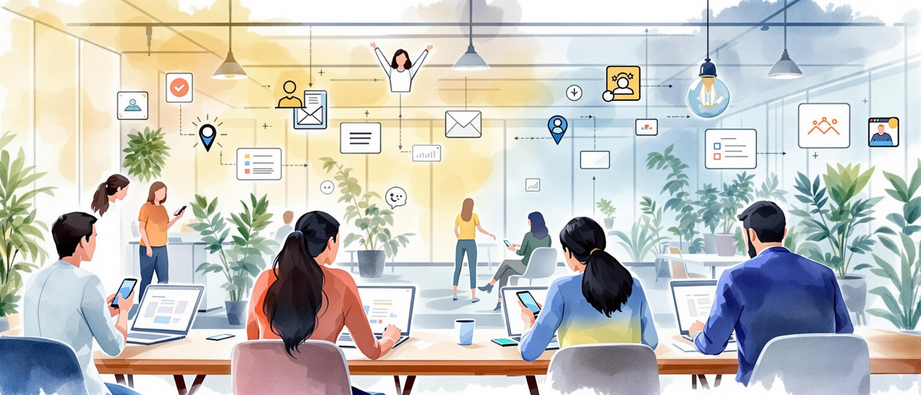 A watercolor illustration of a thriving brand blog with people engaging on laptops and smartphones, surrounded by icons symbolizing newsletters, blog content, and community connection. The background shows a bright, open workspace that conveys energy and creativity.
