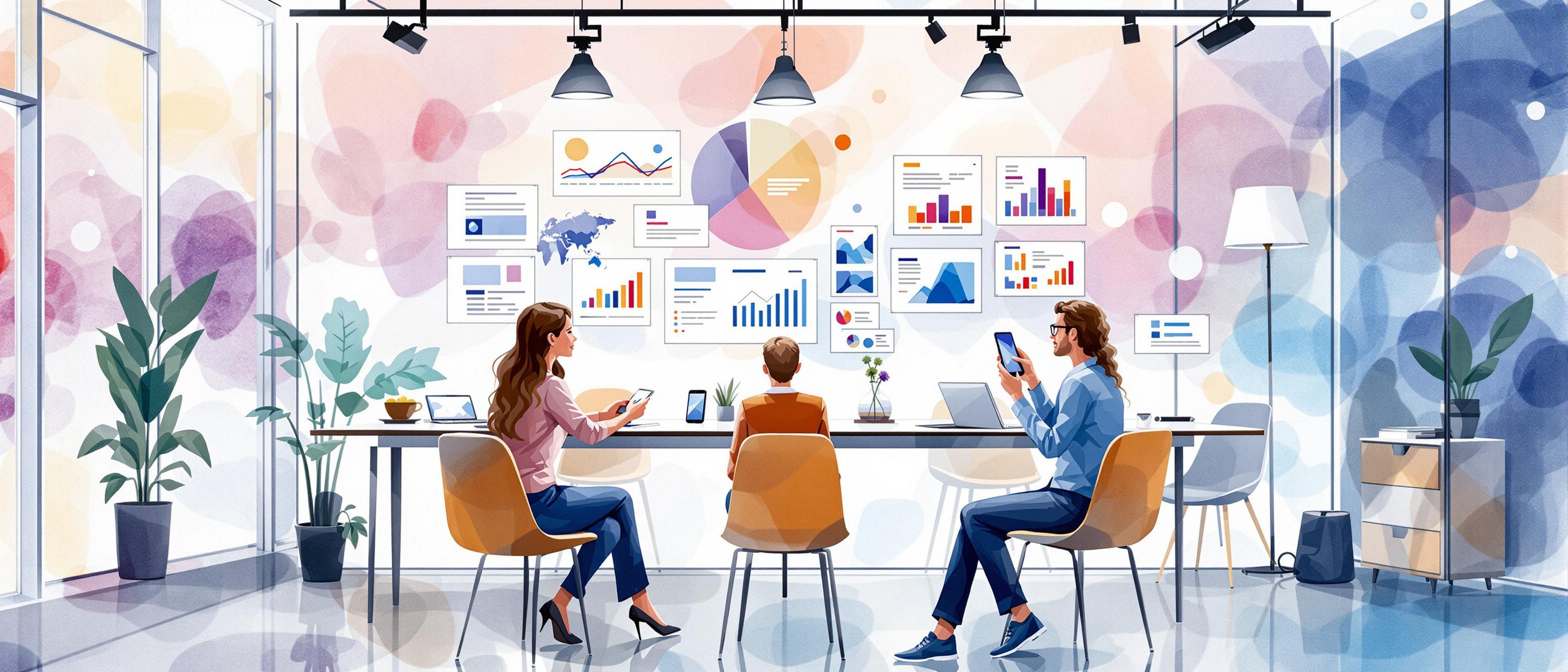 A watercolor illustration of a modern office setting where professionals are gathered around a table with digital devices, discussing strategy with abstract charts and website mockups in the background. The mood is collaborative and innovative, emphasizing teamwork and technological advancement.