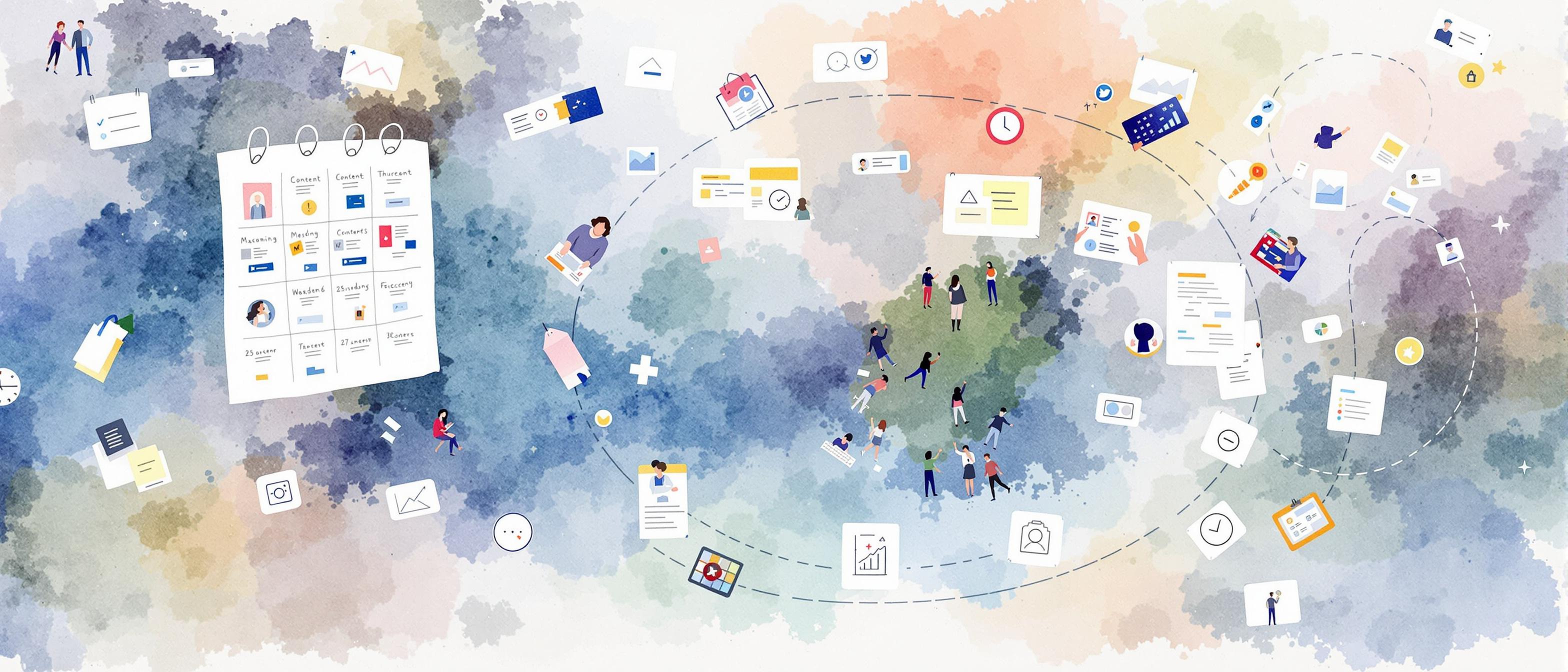 A watercolor illustration depicting a cycle of content planning and engagement: a calendar with various content pieces, social media interactions, and user-generated content, all interconnected. The atmosphere is dynamic and forward-thinking, with soft, artistic colors highlighting ongoing activity.