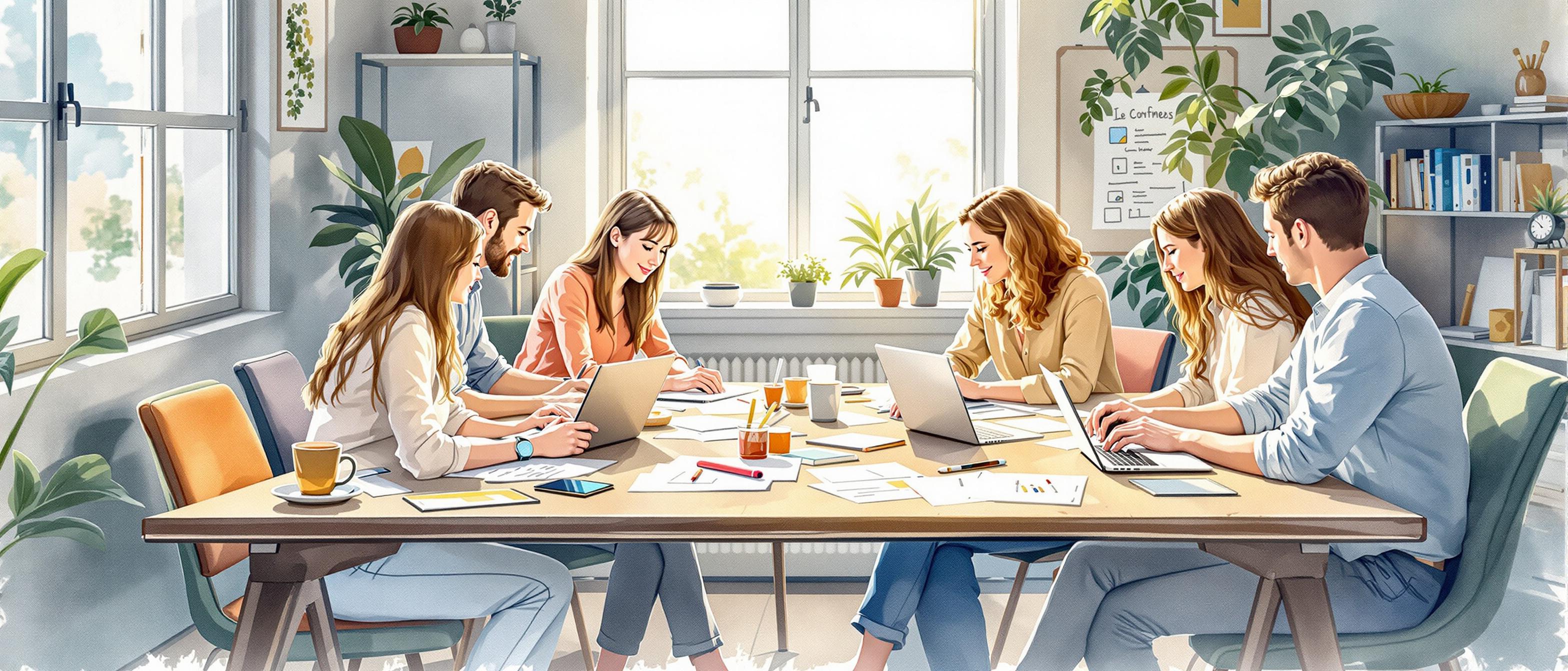 Informative watercolor illustration of a workspace where team members of a small business collaborate on content creation for an owned media channel. Papers, laptops, and creative sketches fill the table, with light streaming through a window. Subtle elements represent teamwork, strategy, and sustainable workflow in a warm, collaborative scene.