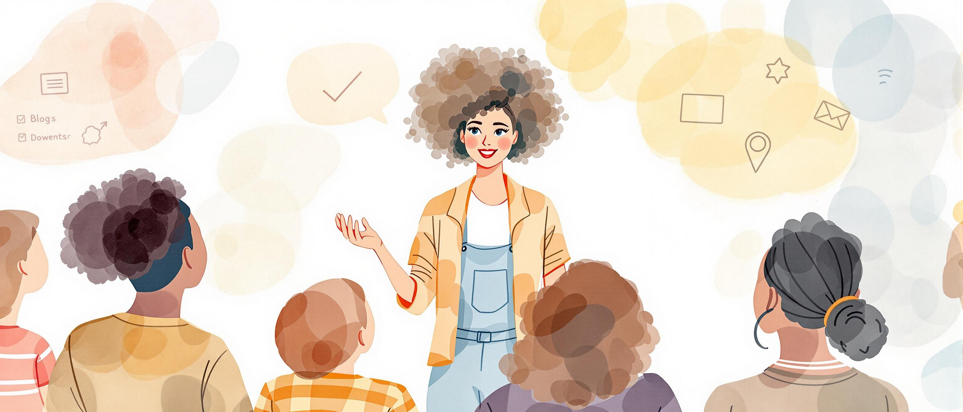 Informative watercolor illustration showing a small business owner confidently presenting their unique brand story to a group of diverse customers. The background includes subtle representations of digital media platforms like blogs and social channels in soft, abstract shapes. The mood is hopeful and empowering, emphasizing differentiation and brand engagement.