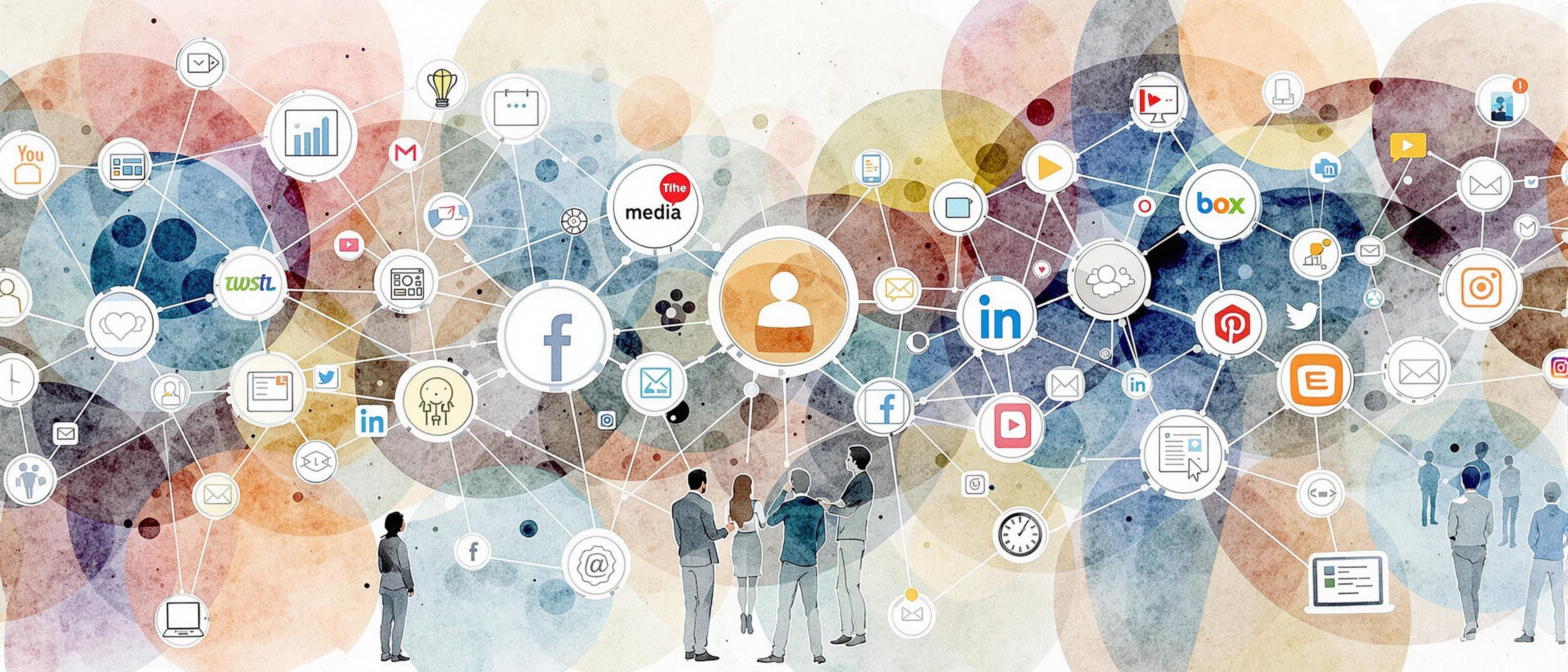 Informative watercolor illustration depicting a gently interconnected network of owned media and social media icons, surrounded by engaged users exchanging feedback. The background conveys a sense of growth and dynamic communication, with soft blending tones representing the flow of information and positive feedback nurturing the brand.