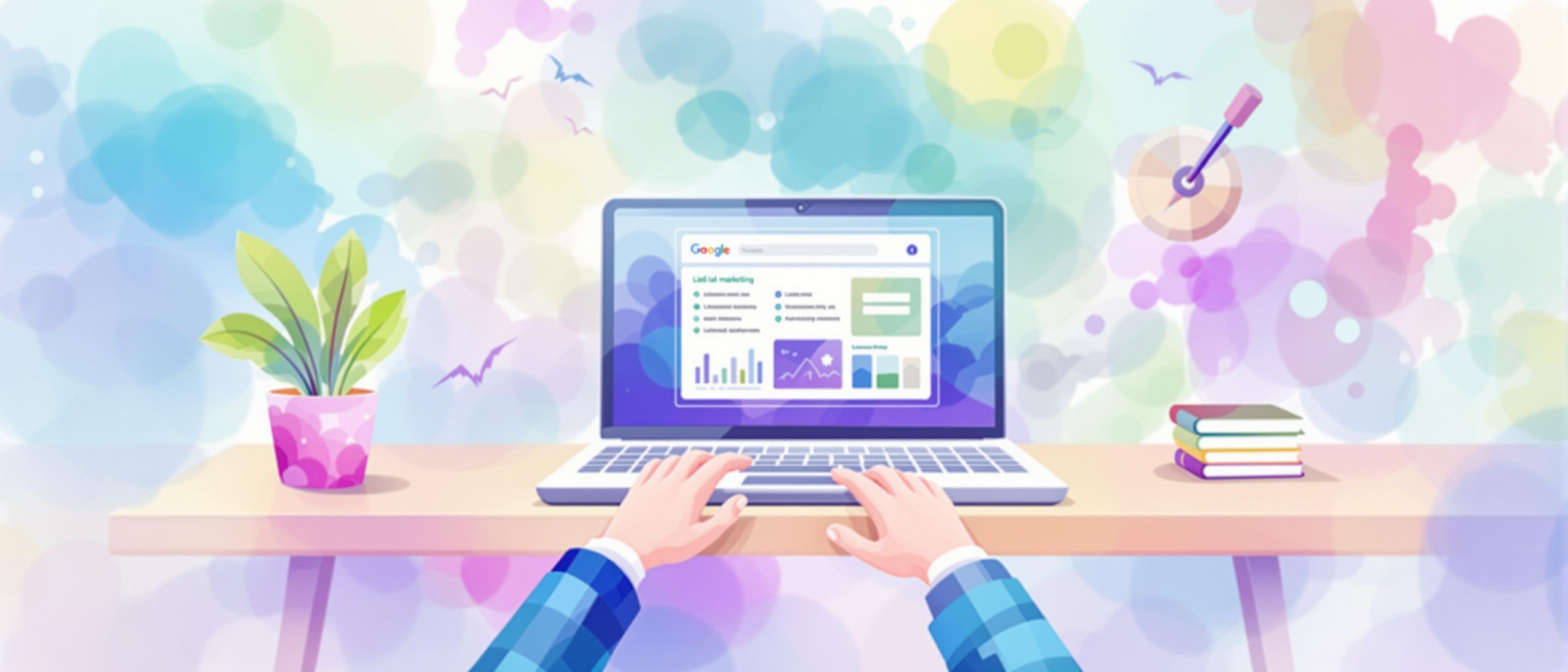 A watercolor illustration of a vibrant digital marketing workspace, with a laptop displaying search results and a visually engaging landing page. The background is filled with abstract light blues, purples, and greens, blending in a soft, professional mood, conveying the synergy between SEO strategy and landing page optimization.