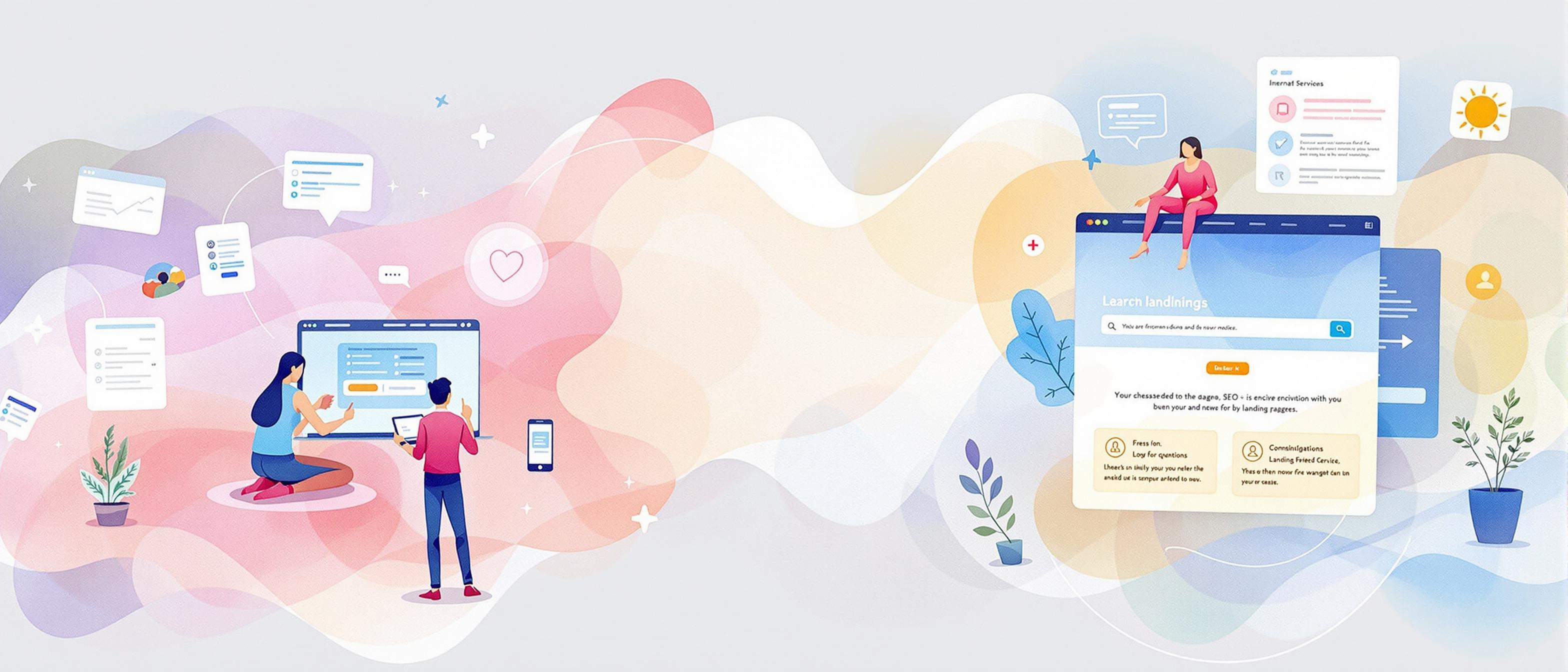 A watercolor painting depicting two interconnected scenes: on one side, users searching the web on various devices (laptop, smartphone), and on the other, an inviting landing page with conversion elements like a CTA button and testimonial sections. Both sides are connected by flowing arrows and soft, harmonious color transitions, evoking the benefits and flow between SEO and landing pages.