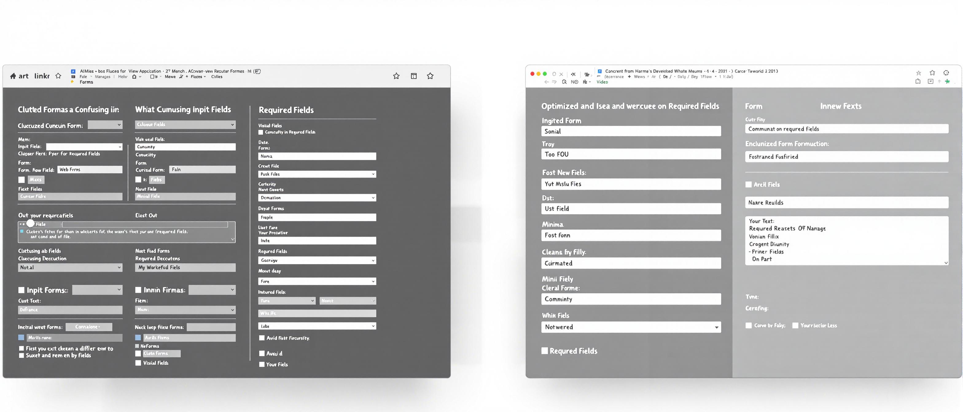 A split-view comparison showing two web forms: on the left, a cluttered, confusing, form with too many input fields and unclear guidance; on the right, an optimized, streamlined web form with minimal fields, clear guidance, and visual cues for required fields. Clean, modern interface elements, neutral background. ai_art_hybrid style, informative tone, horizontal composition.