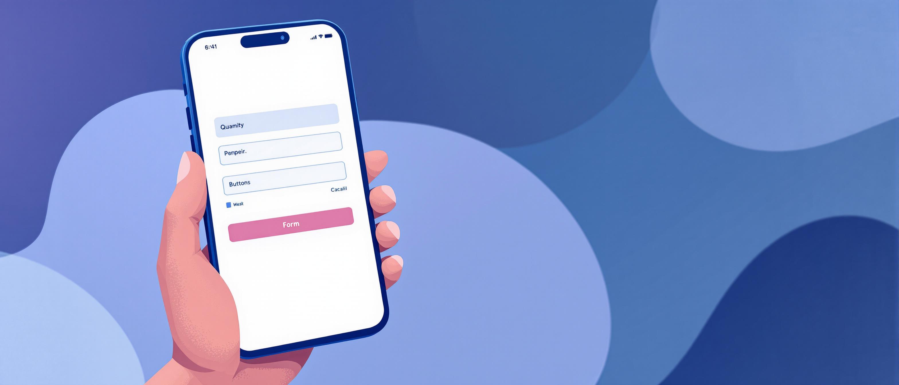 A scene highlighting a person effortlessly submitting a form on their smartphone. Emphasize a large input box, easy-to-tap buttons, one-column layout, and a visible progress bar. The background includes subtle cues of mobile-optimized UX, soft colors promoting ease and clarity. ai_art_hybrid style, informative tone, horizontal composition.