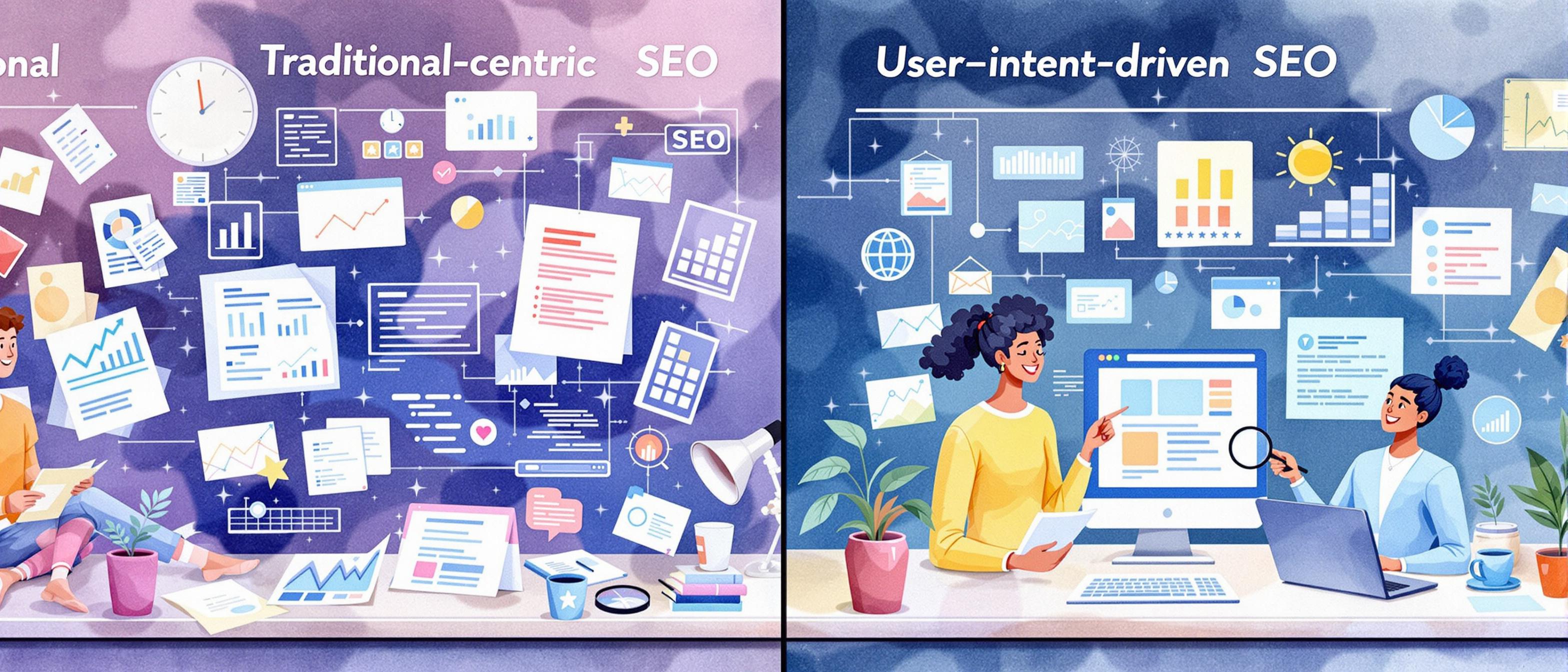 Informative watercolor scene contrasting traditional keyword-centric SEO practices on one side with modern, user-intent-driven SEO on the other. The left features outdated charts and paper documents, while the right shows vibrant web pages, magnifying glasses, and satisfied diverse users, all set against a softly blended digital workspace background.